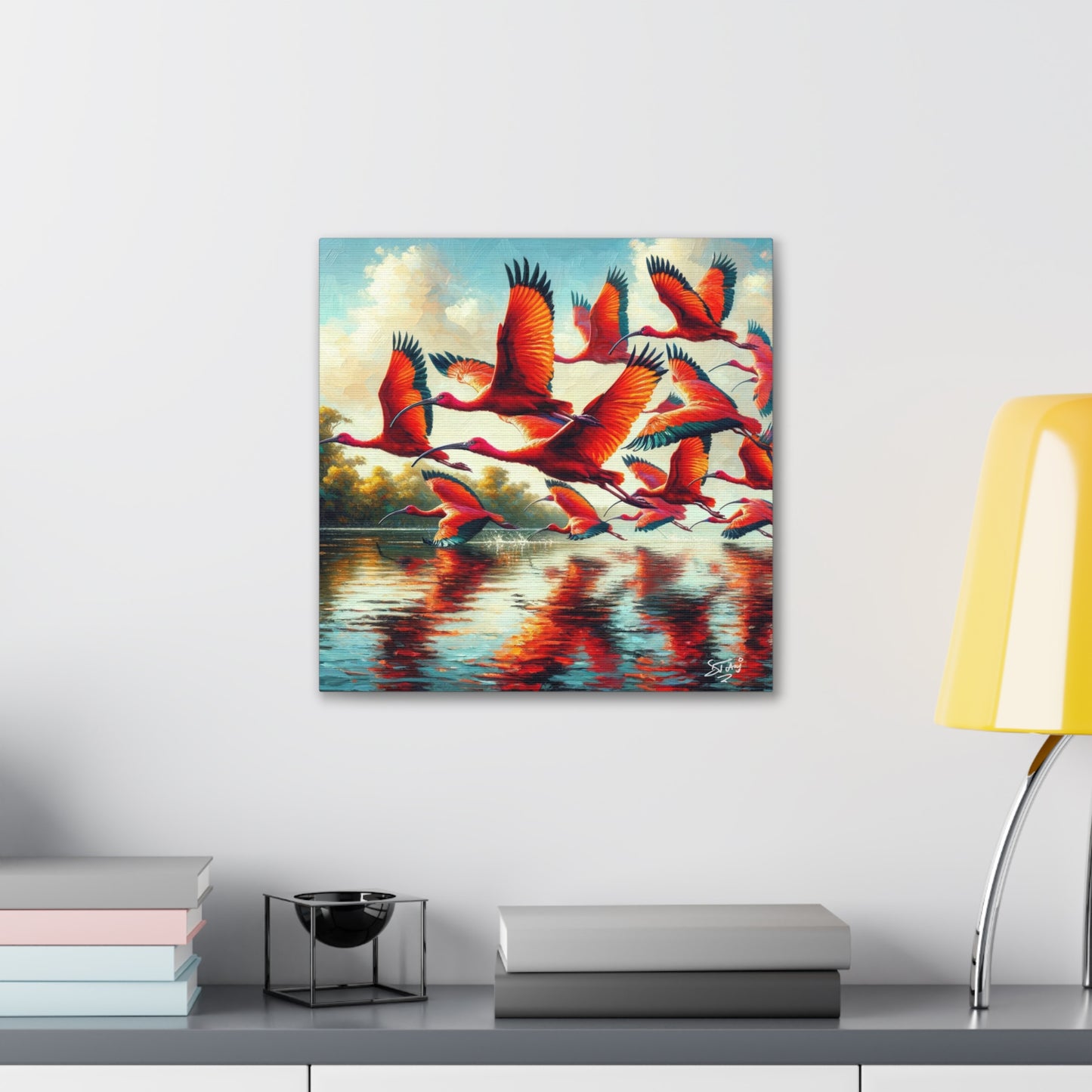 Art Print, Scarlet Ibises in flight, Oil Finish, Trinidad & Tobago, Caribbean, West Indian Art, Canvas Gallery Wraps