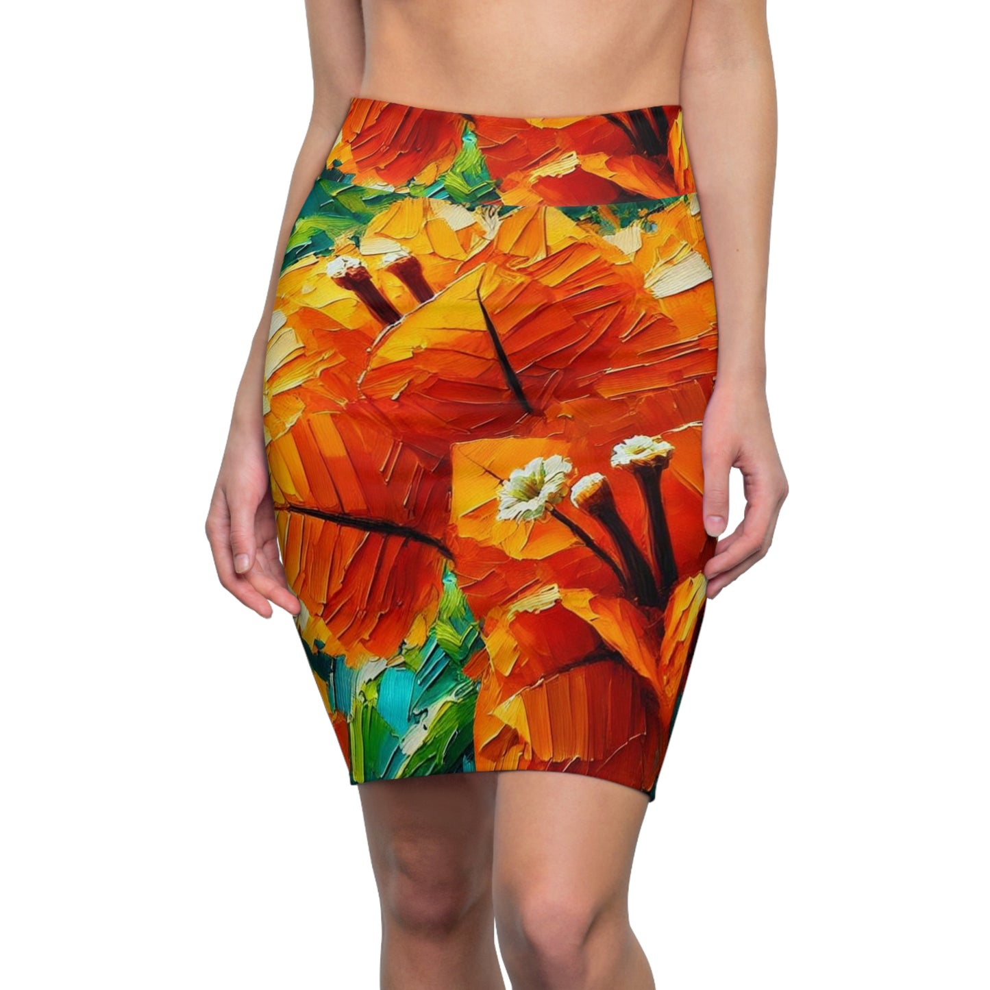 Women's Pencil Skirt (AOP) Orange Bougainvillea Print