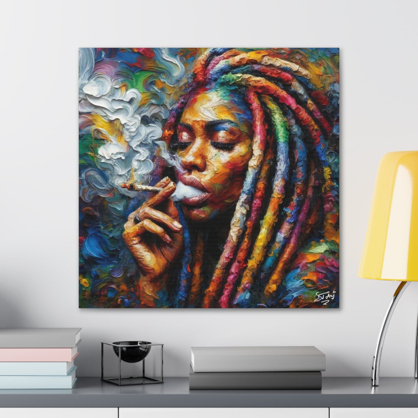 Art Print of Rasta-Woman Smoking, Oil Finish, West Indian Ethnicity, Cultural, Heritage, Afro-Caribbean Man, Semi-Abstract, Canvas Gallery Wrap