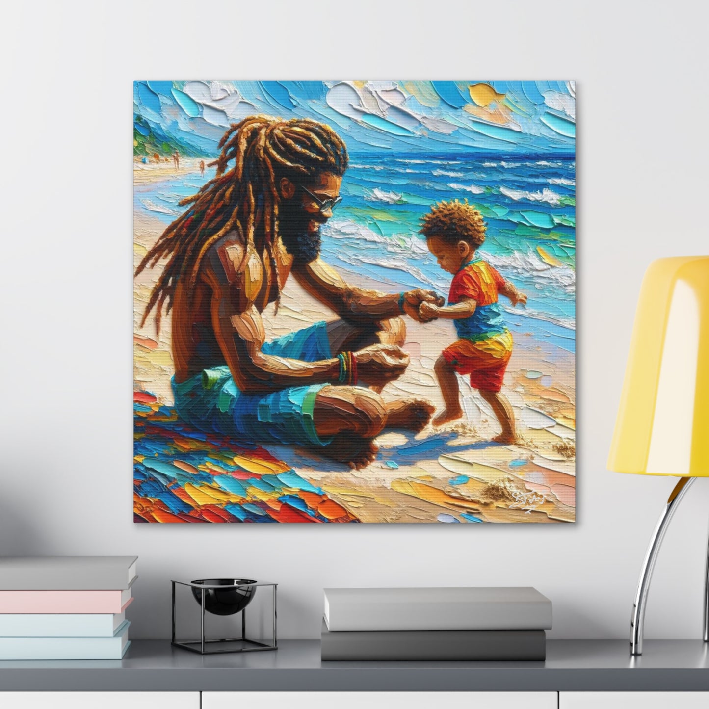 Art Print, Afro-Caribbean Father & Son "Sitting on the Beach," Oil Finish, West Indian Ethnicity, Cultural, Heritage, Semi-Abstract, Canvas Gallery Wrap