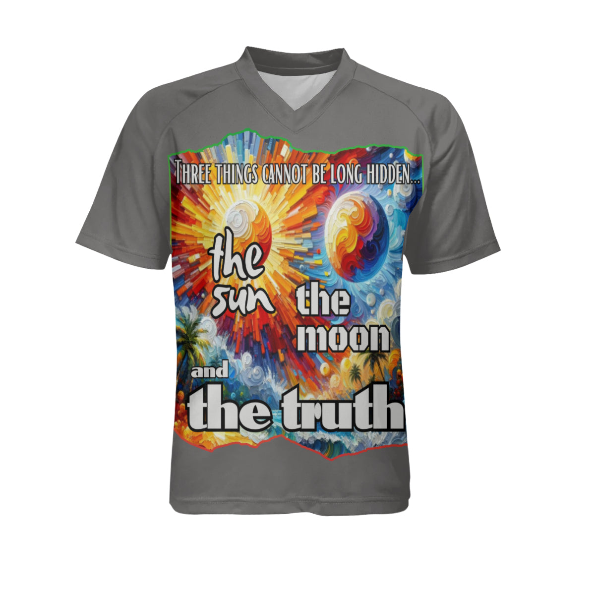 Men's V-Neck Polyester T-Shirt "The Sun, The Moon, The Truth"