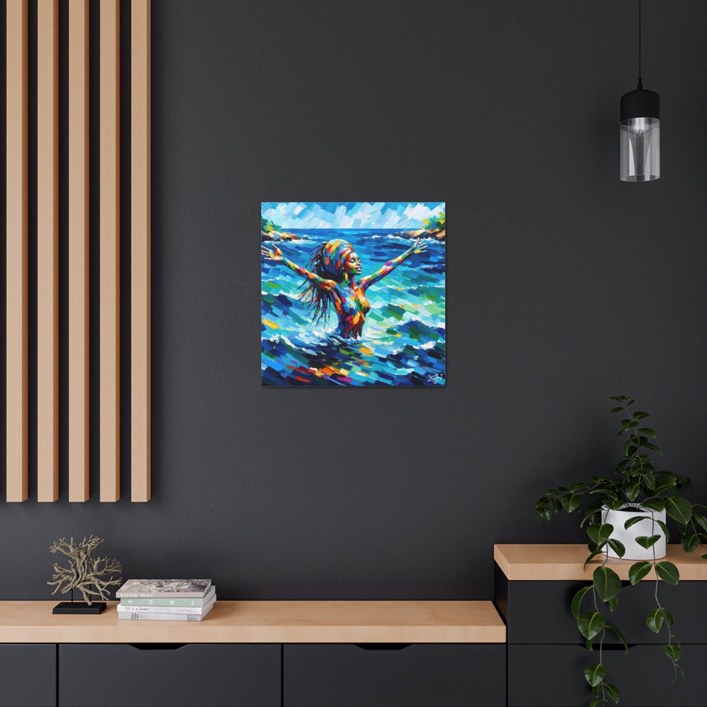 Art Print, Black Woman, Sea Bath, Oil Finish, Caribbean Nature, Semi-Abstract, Canvas Gallery Wrap