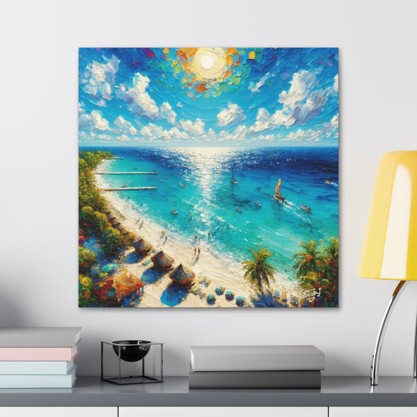 Art Print of Caribbean Beach Scene, Abstract, Oil Painting, West Indian Art, Canvas Gallery Wraps