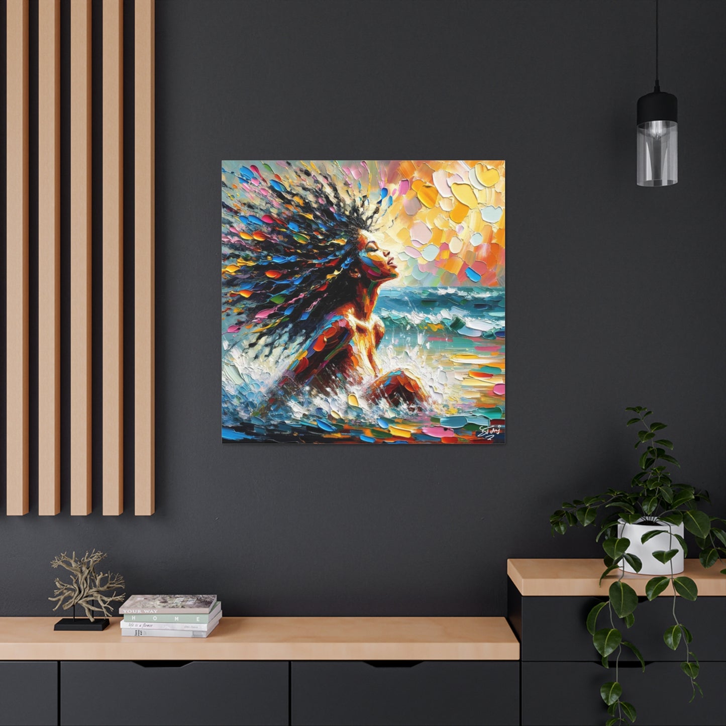 Art Print, Afro-Caribbean Woman, "Enjoying the Sunset" Abstract, Oil Finish, West Indian Ethnicity, Cultural, Heritage, Abstract, Canvas Gallery Wrap