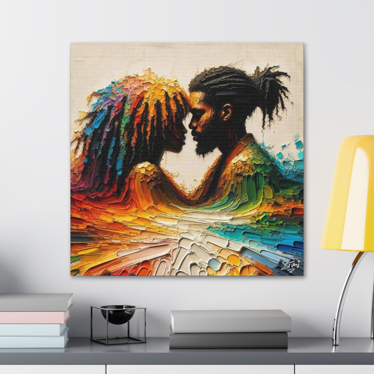 Art Print, Afro-Caribbean Couple in Love (2), Oil Finish, West Indian Ethnicity, Cultural, Heritage, Semi-Abstract, Canvas Gallery Wrap