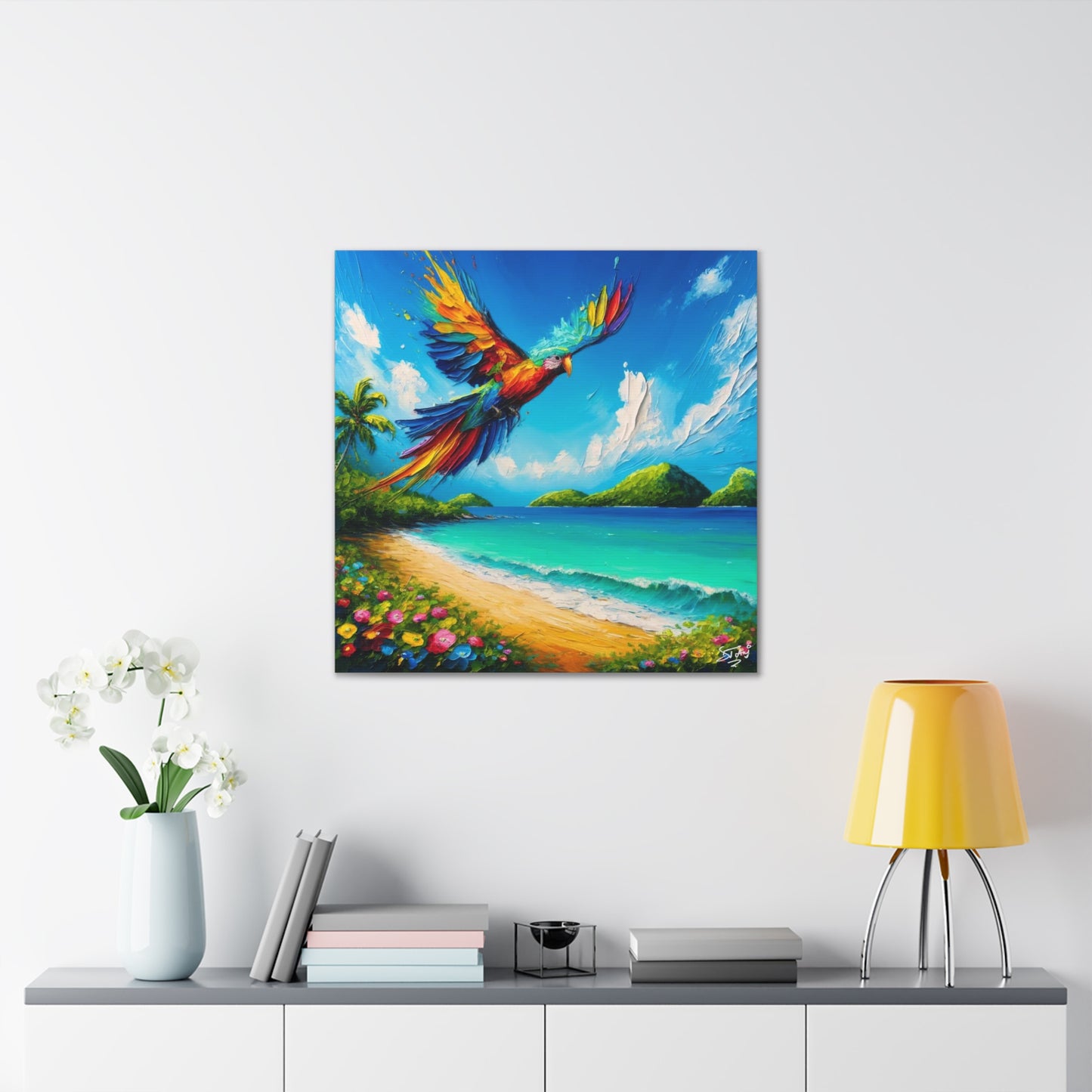 Art Print, "Bird Enjoying View," Oil Finish, Caribbean Nature, Cultural, Heritage, Semi-Abstract, Canvas Gallery Wrap