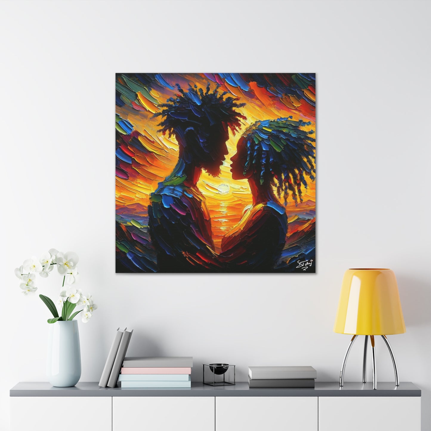 Art Print, Afro-Caribbean Couple in Love, Oil Finish, West Indian Ethnicity, Cultural, Heritage, Semi-Abstract, Canvas Gallery Wrap