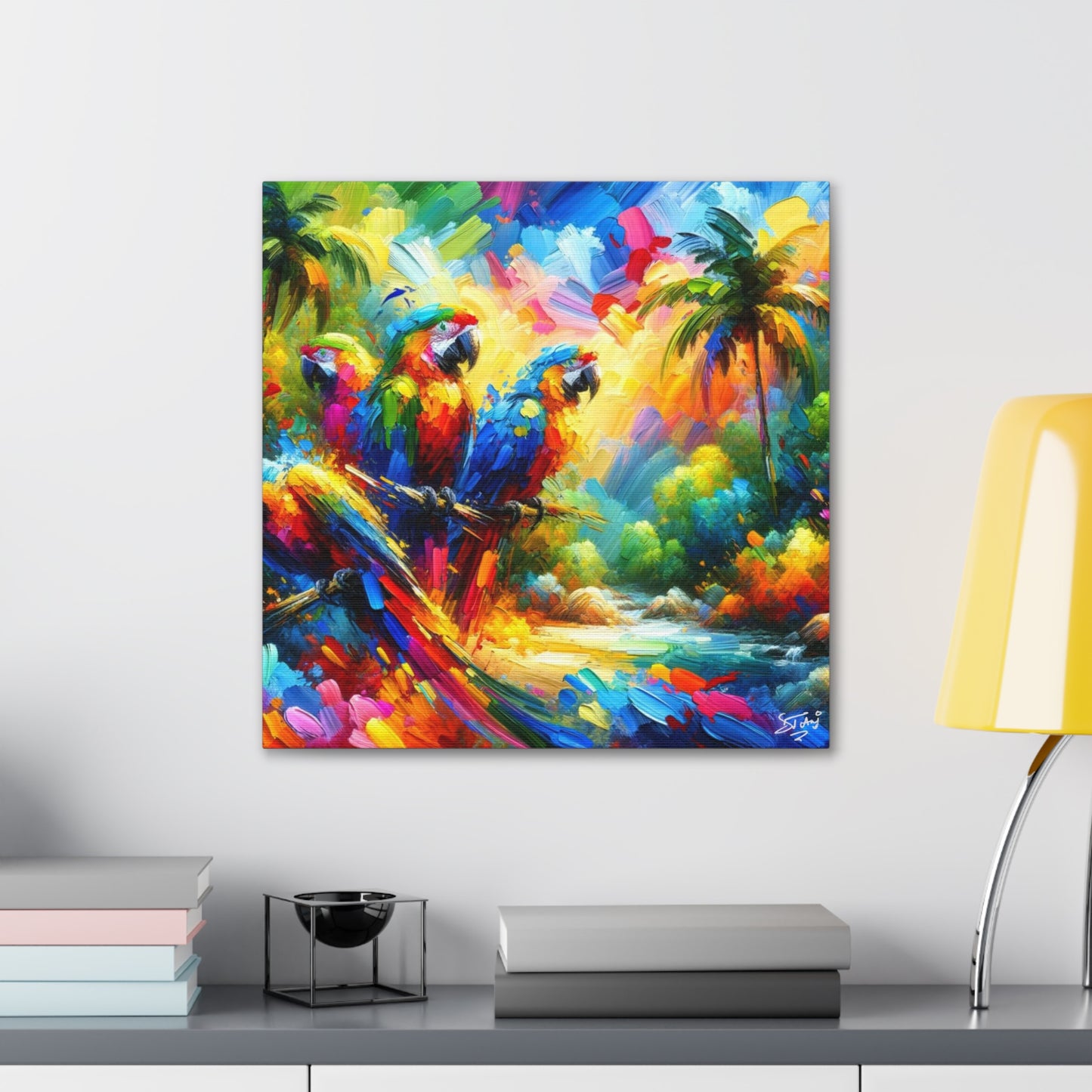 Art Print, The Parrots, Oil Finish, Caribbean Nature, Cultural, Heritage, Semi-Abstract, Canvas Gallery Wrap