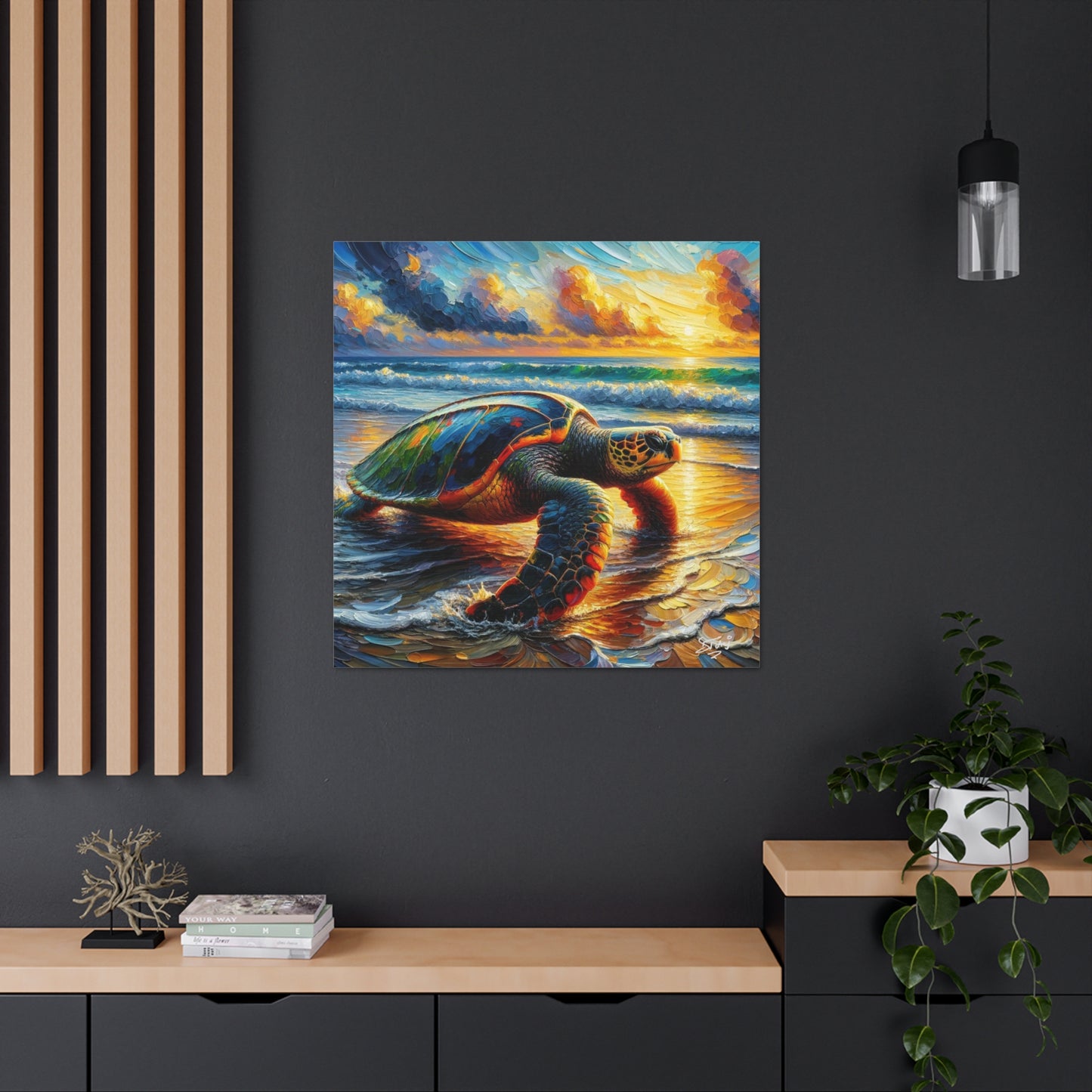 Art Print, Turtle at Sunset, Caribbean Wildlife, Oil Finish, Caribbean Nature, Culture, Heritage, Canvas Gallery Wrap