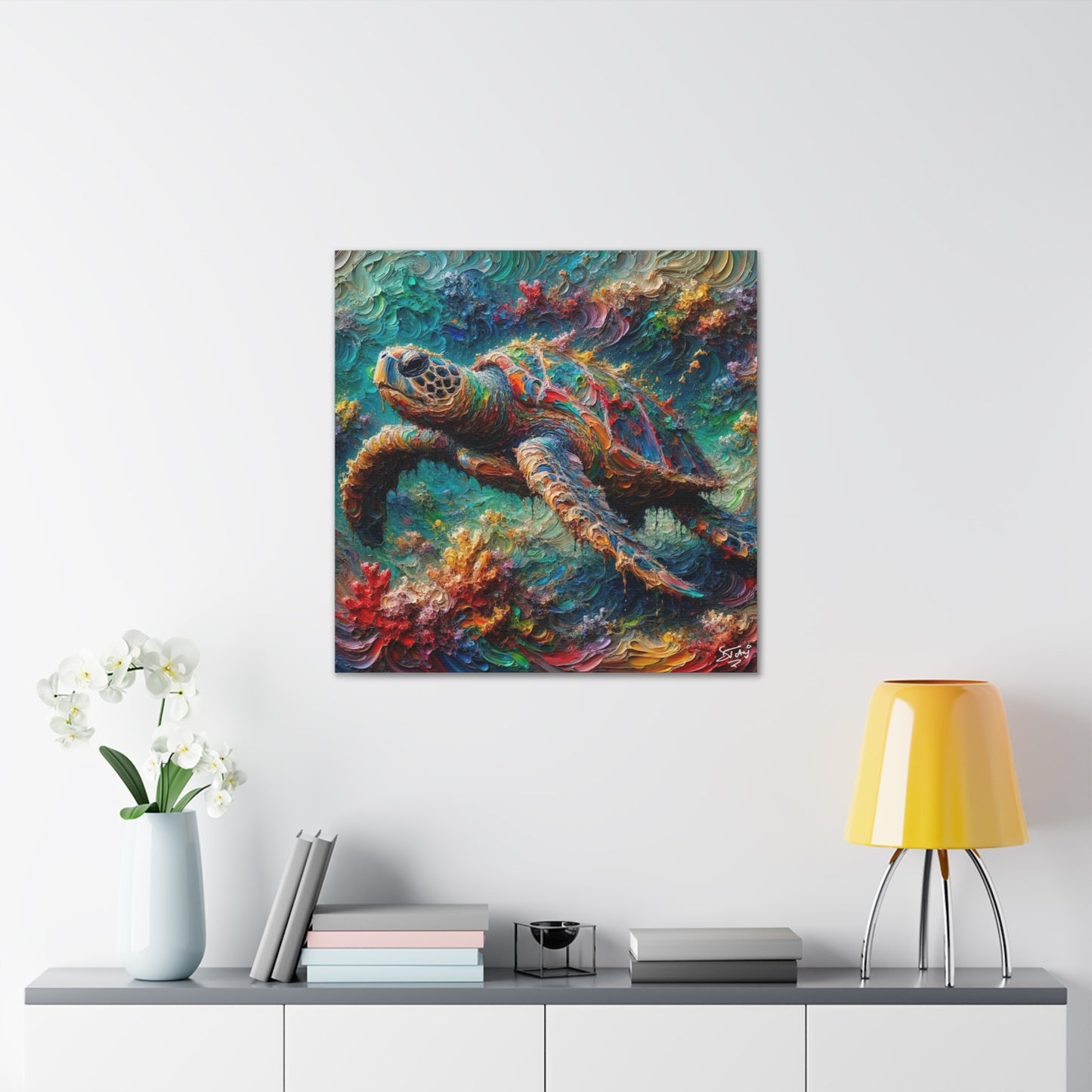 Art Print, Turtle in Reef, Oil Finish, Caribbean Nature, Cultural, Heritage, Semi-Abstract, Canvas Gallery Wrap