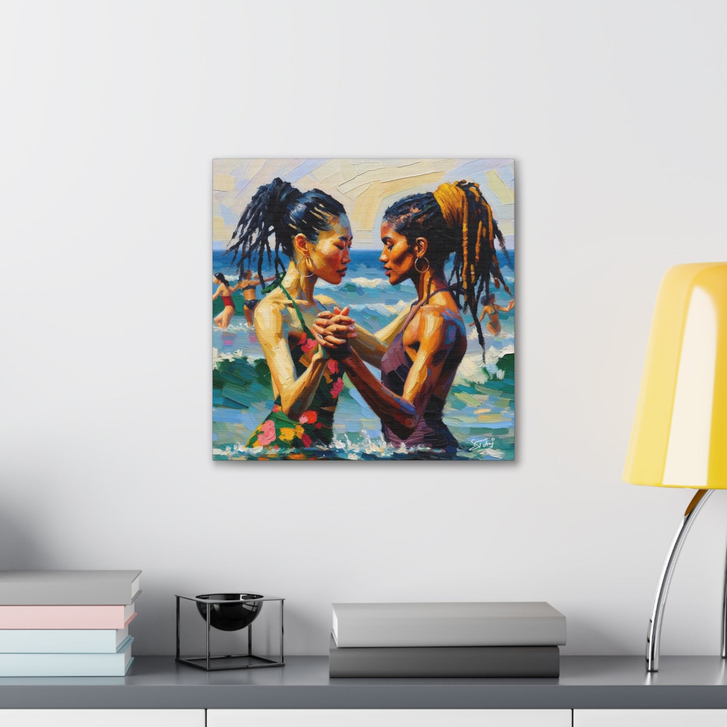 Art Print, Caribbean Couple, "In Our World" Semi-Abstract Oil Finish, West Indian Ethnicity, Cultural, Heritage, Canvas Gallery Wrap