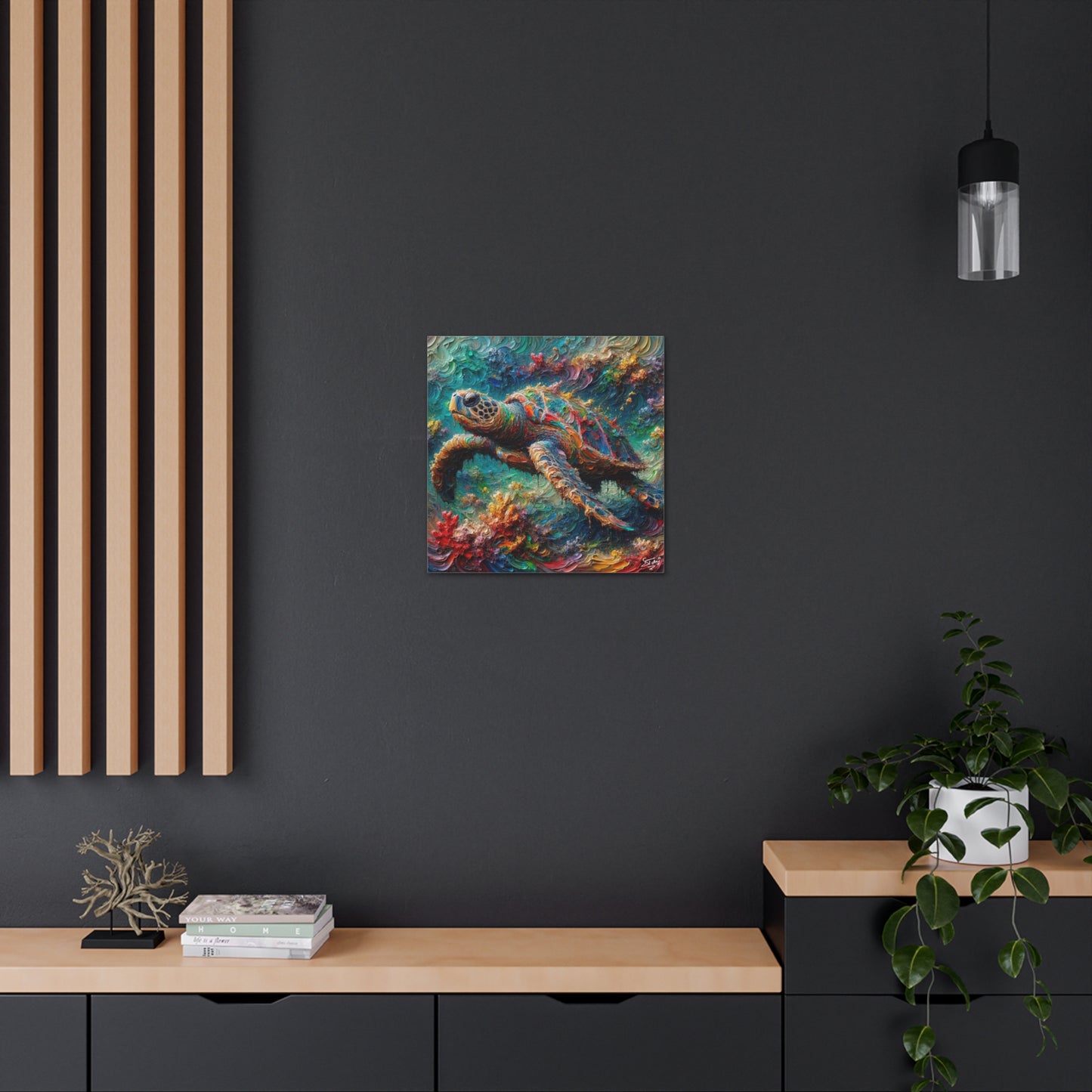 Art Print, Turtle in Reef, Oil Finish, Caribbean Nature, Cultural, Heritage, Semi-Abstract, Canvas Gallery Wrap