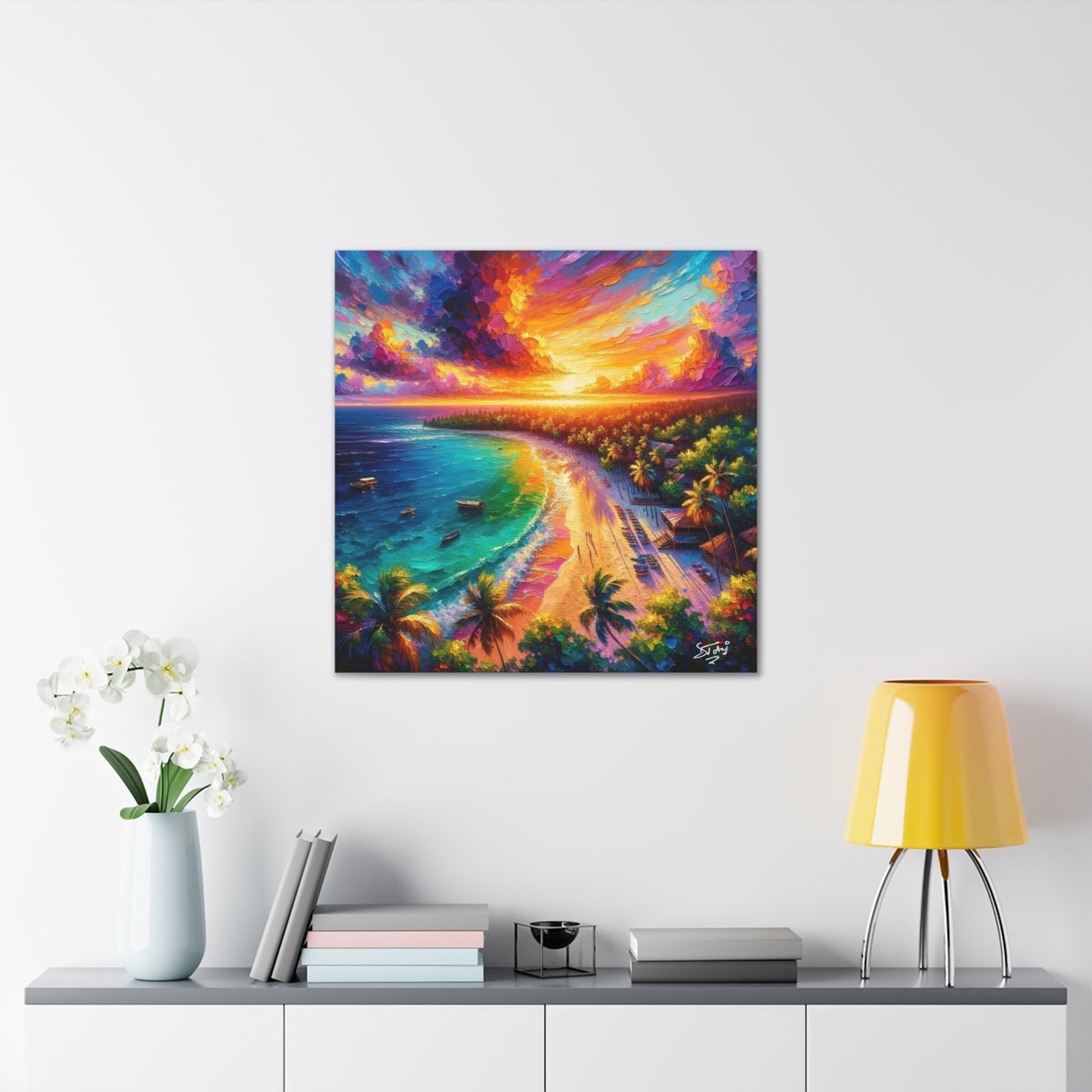 Art Print of Caribbean Beach Sunset Scene, Oil Painting, West Indian Art, Canvas Gallery Wraps