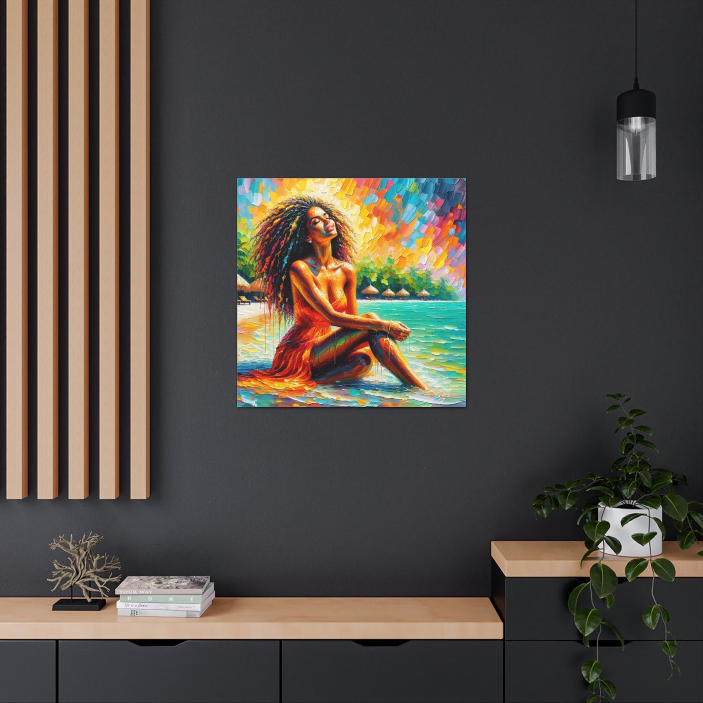 Art Print, Indo-Caribbean Woman, "Chilling on the Beach" Oil Finish, West Indian Ethnicity, Cultural, Heritage, Abstract, Canvas Gallery Wrap