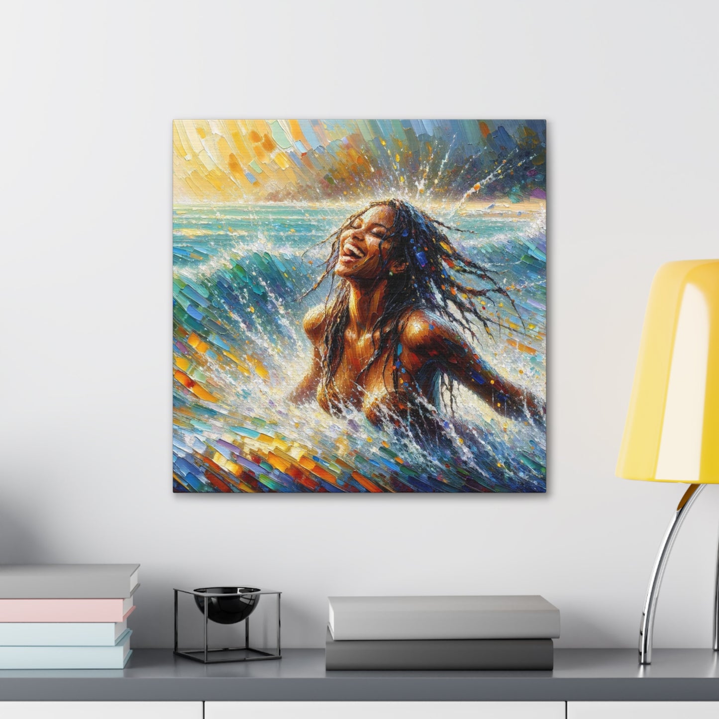 Art Print#4 of Dougla Woman's Exhilaration Captured - Joy, Laughter, Color, Caribbean Sea, Oil Finish, West Indian Art, Canvas Gallery Wraps