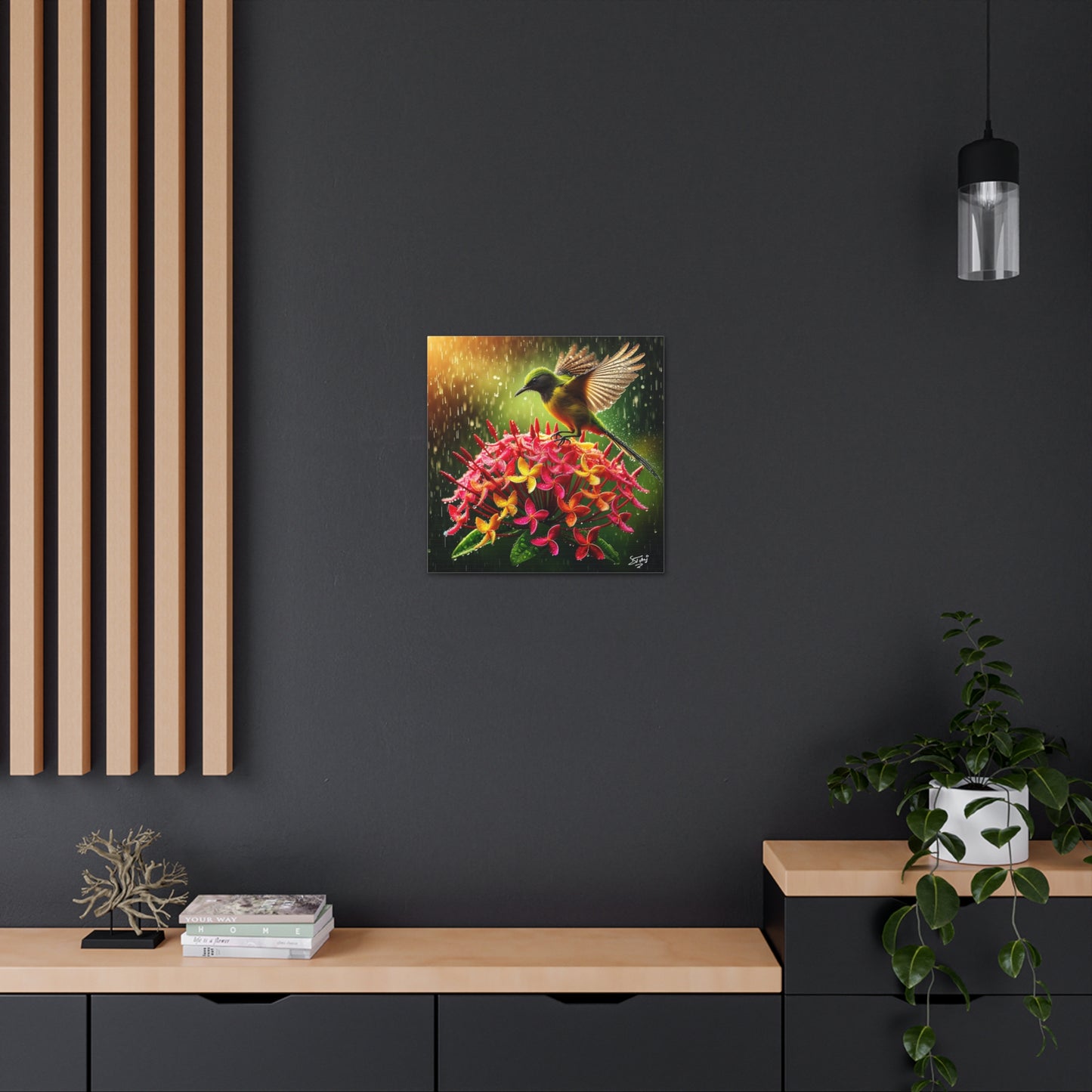 Print#2 of Tropical Bird in the Rain Perched on Ixora Flower, Oil Paint Finish, Caribbean, Tropical, Canvas Gallery Wraps