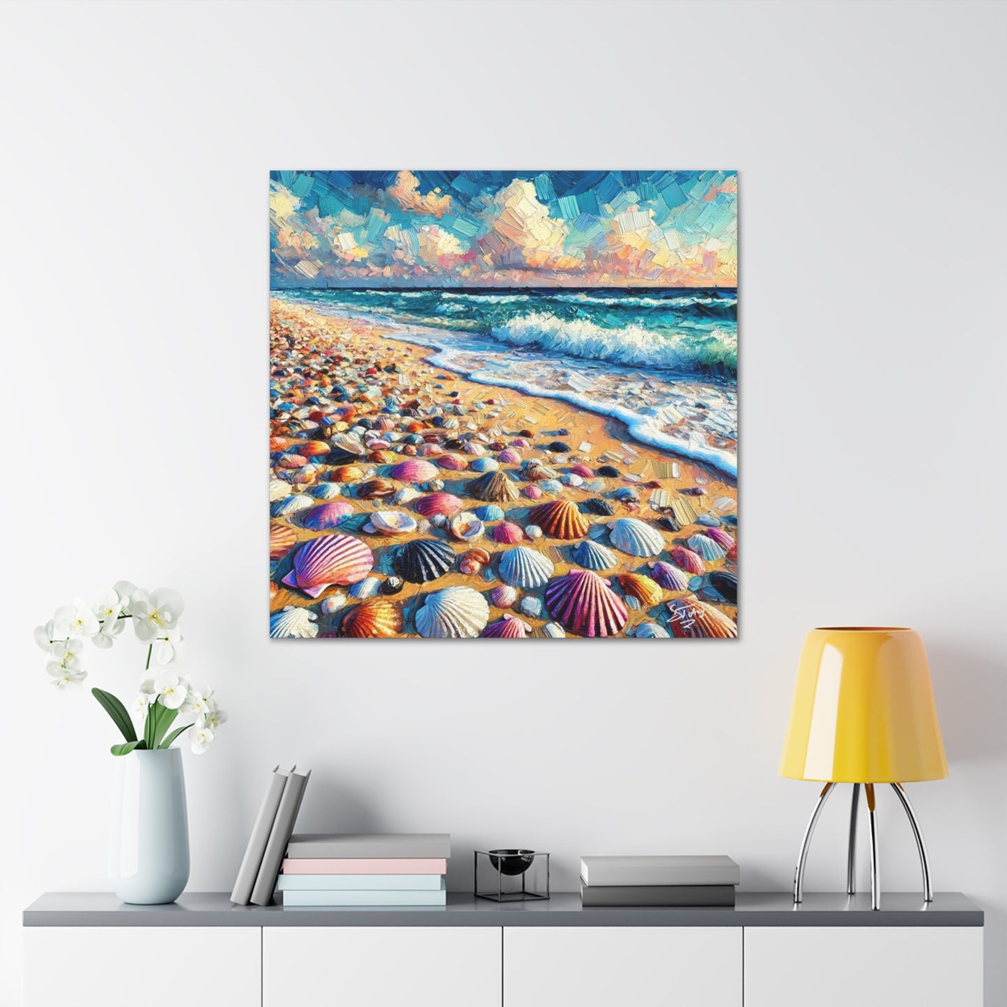 Art Print, Seashells, Caribbean Beach Scene, Abstract, Oil Painting, West Indian Art, Canvas Gallery Wraps