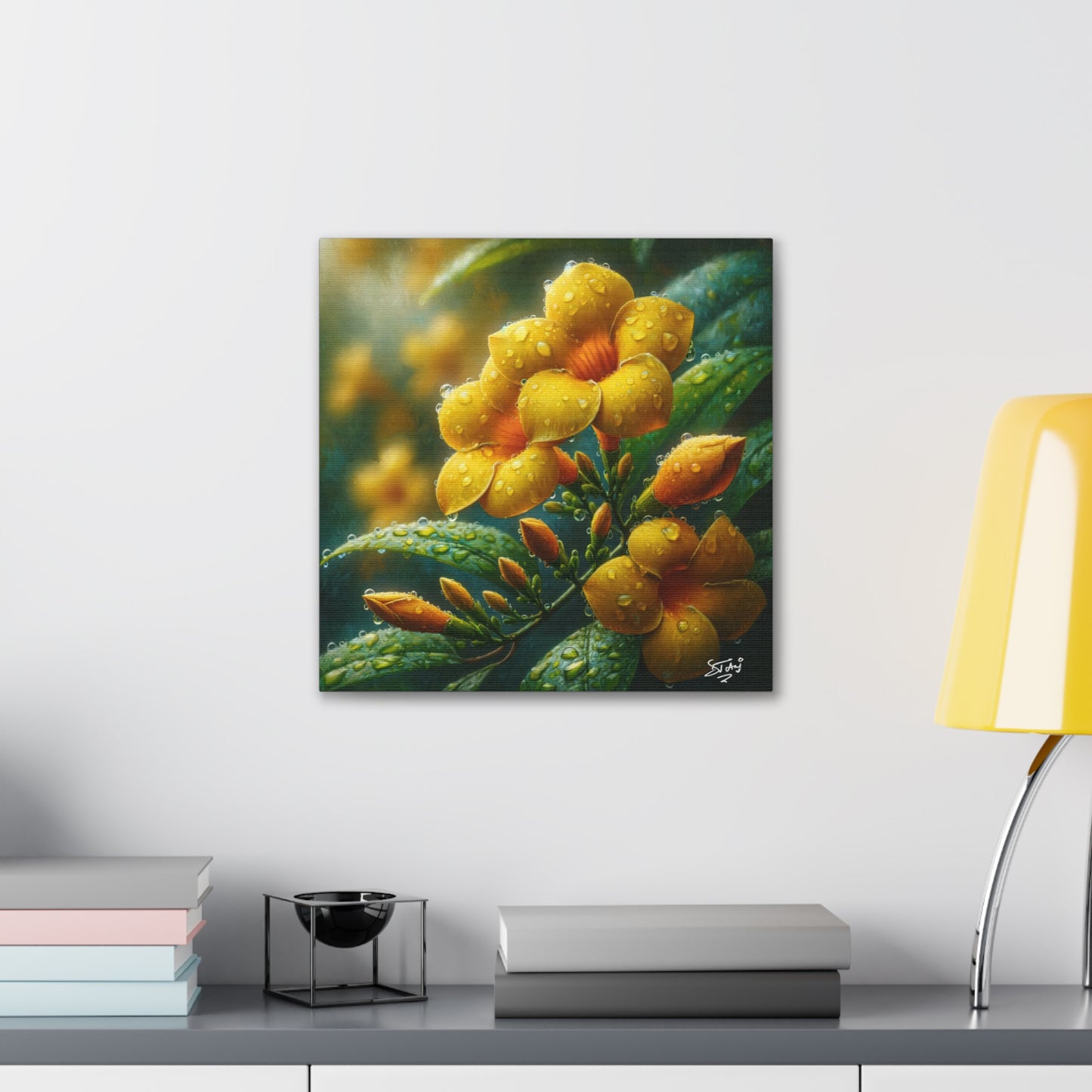 Print#2 of Yellow Allamanda Flowers in the Rain, Oil Paint Finish, Caribbean, Tropical, Canvas Gallery Wraps