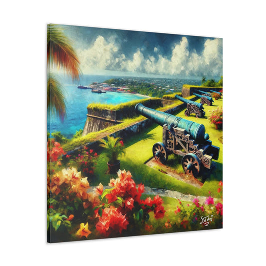 Art Print, Fort on Caribbean Island, Oil Painting, West Indian Ethnicity, Cultural, Heritage, Canvas Gallery Wrap