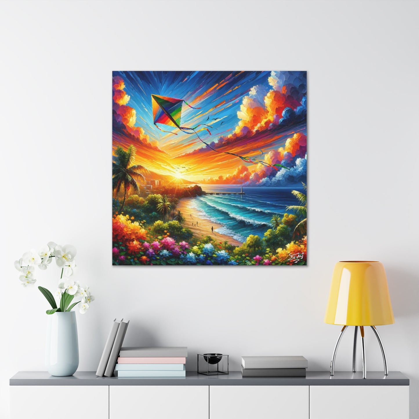 Art Print of Caribbean Sunset "Flying Kite," West Indian Art, Canvas Gallery Wraps