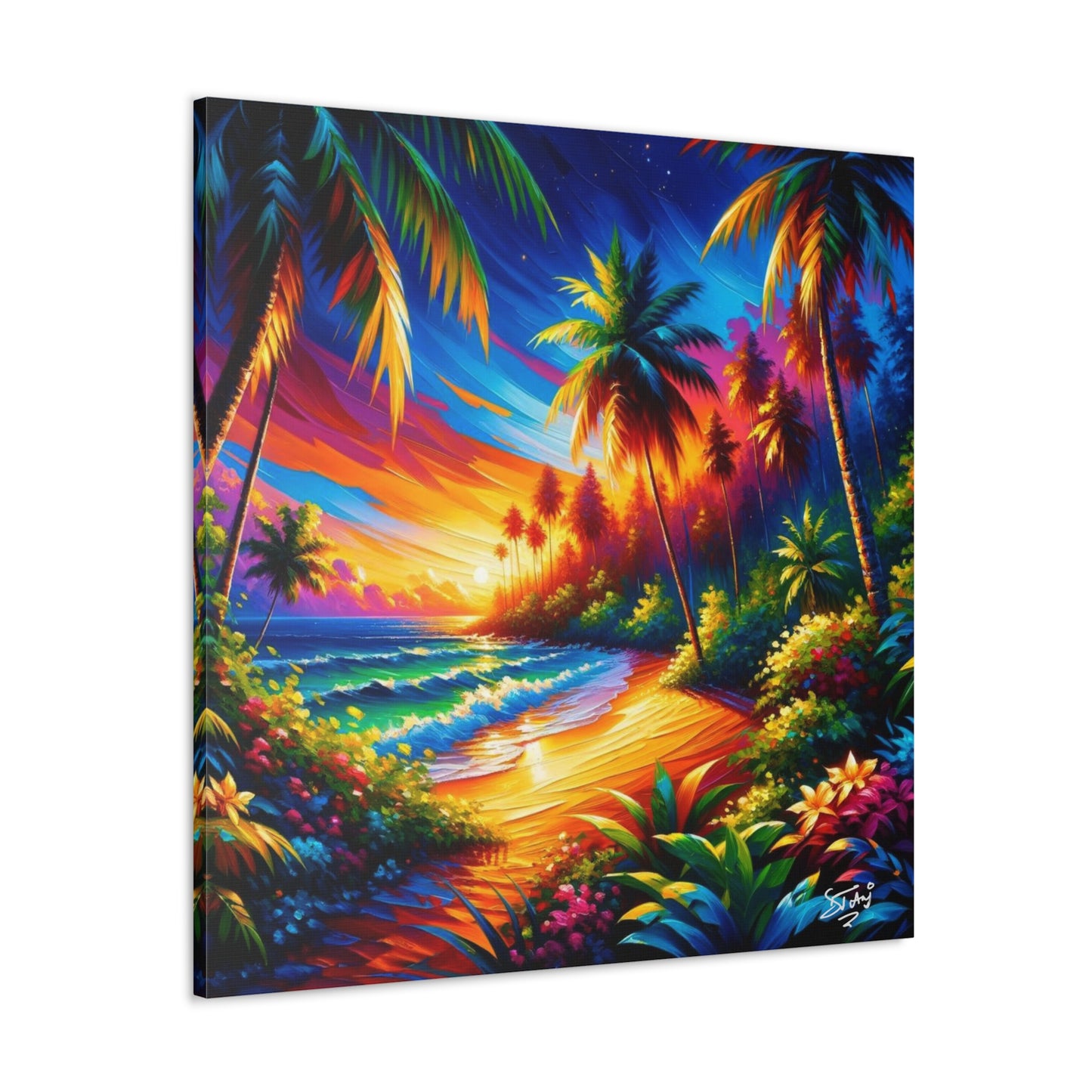 Art Print of Caribbean Beach Sunset Scene, Semi-Abstract Oil Painting, West Indian Art, Canvas Gallery Wraps