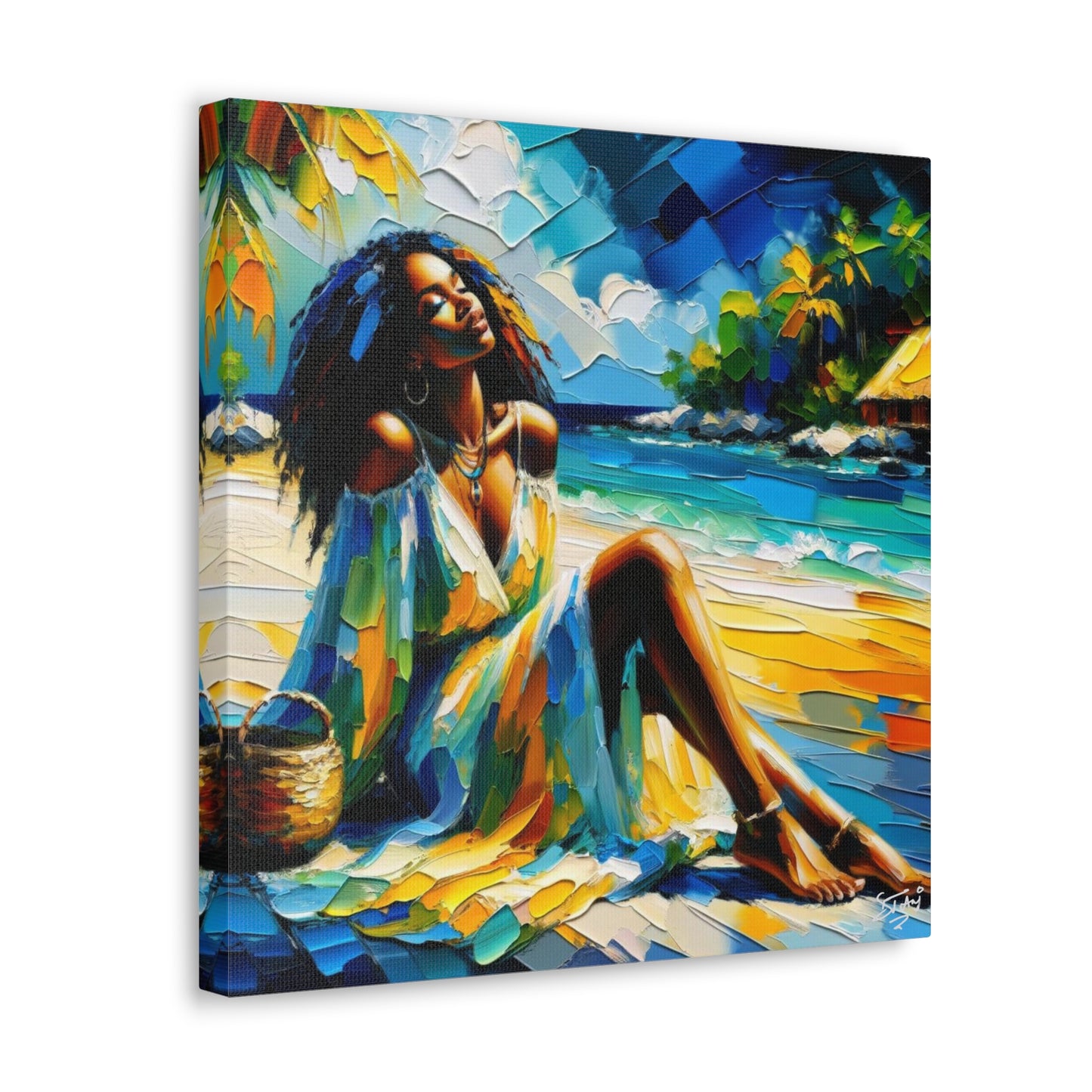 Art Print, Afro-Caribbean Woman, "Relaxing" Oil Finish, West Indian Ethnicity, Cultural, Heritage, Abstract, Canvas Gallery Wrap