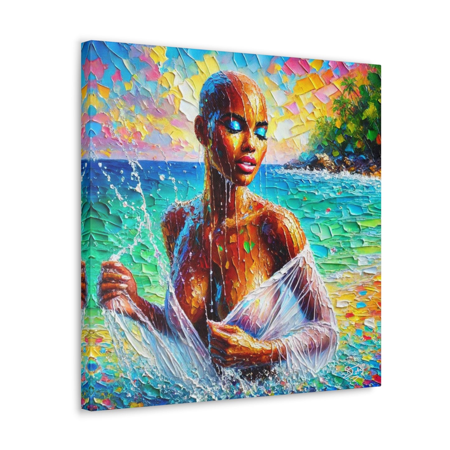 Art Print, Afro-Caribbean Woman, "Sea Bath" Abstract, Oil Finish, West Indian Ethnicity, Cultural, Heritage, Abstract, Canvas Gallery Wrap