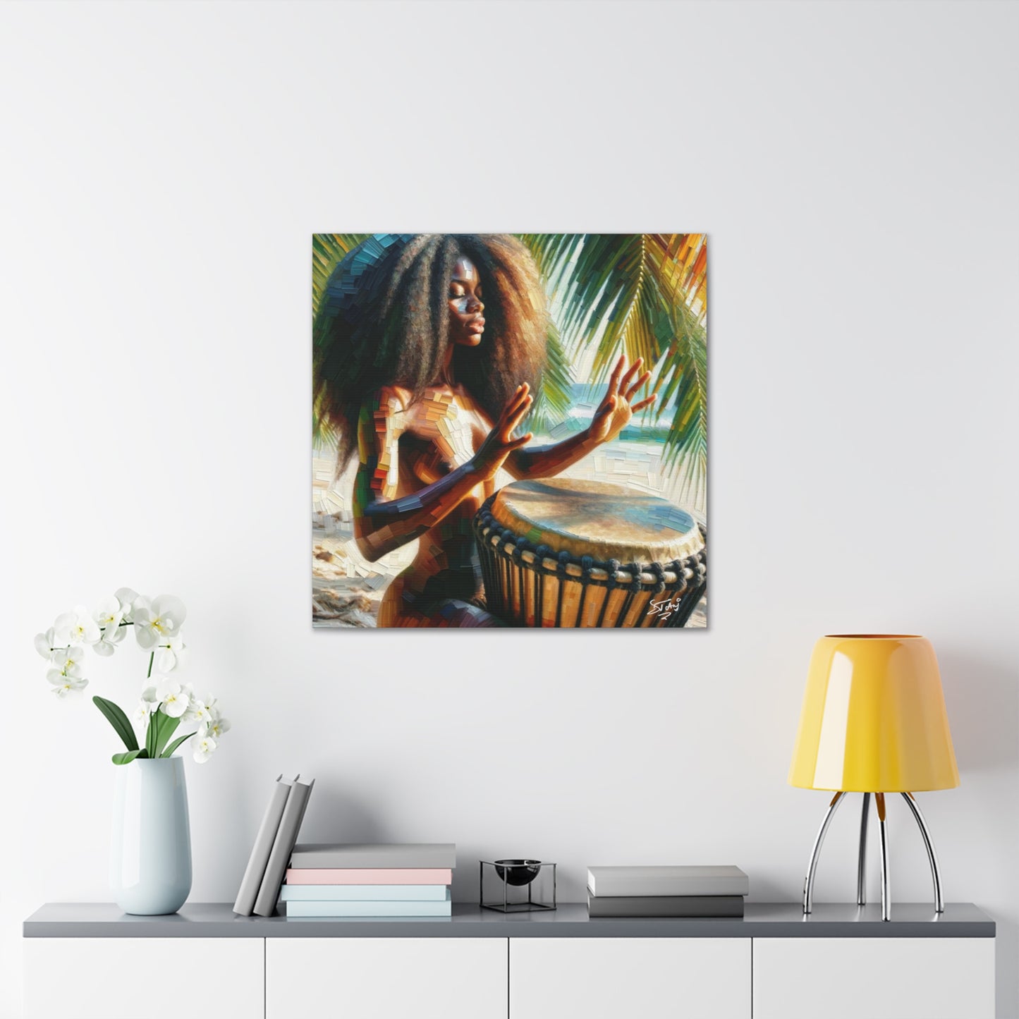 Art Print, Afro-Caribbean Woman, "Drumming" Oil Finish, West Indian Ethnicity, Cultural, Heritage, Abstract, Canvas Gallery Wrap