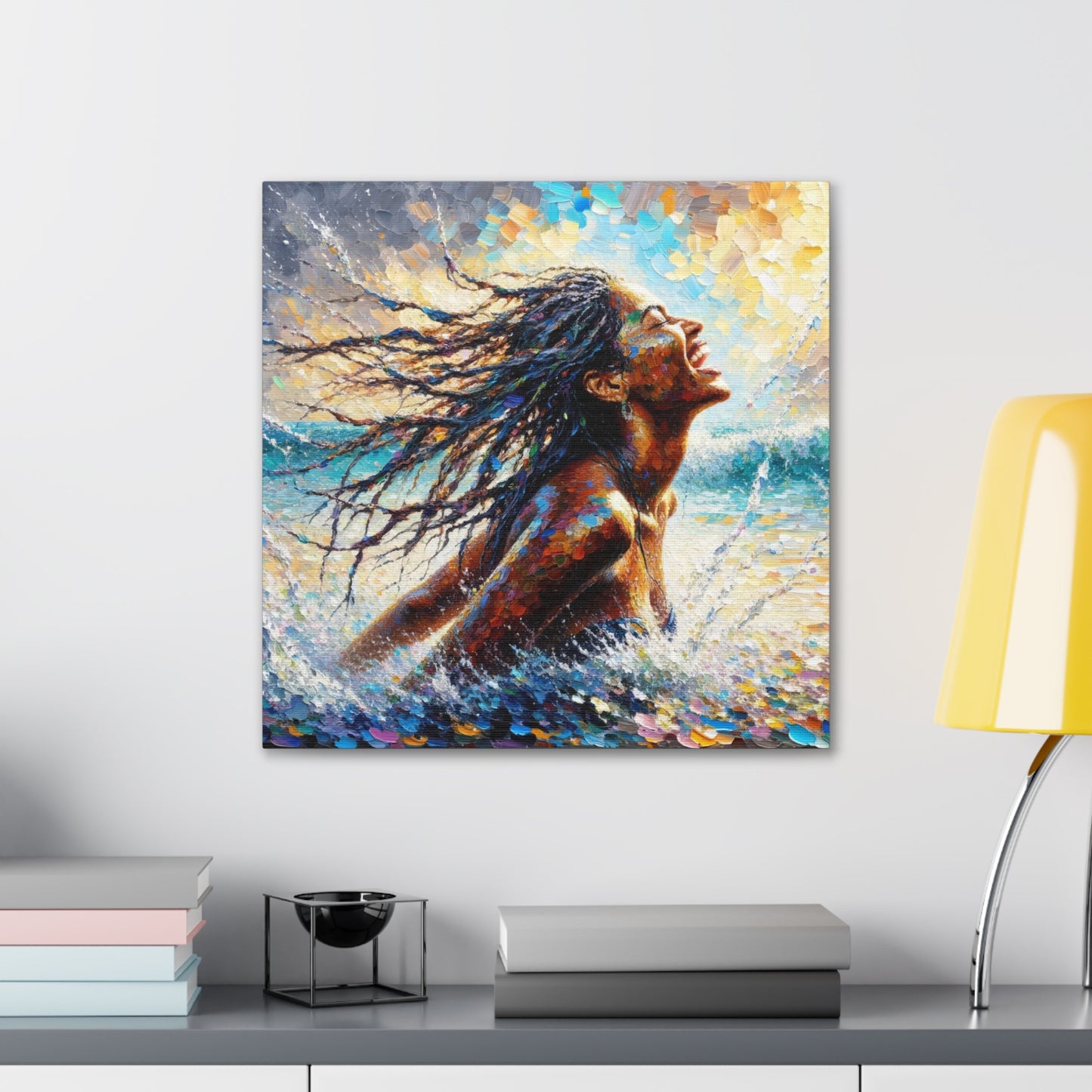 Art Print#2 of Dougla Woman's Exhilaration Captured - Joy, Laughter, Color, Caribbean Sea, Oil Finish, West Indian Art, Canvas Gallery Wraps