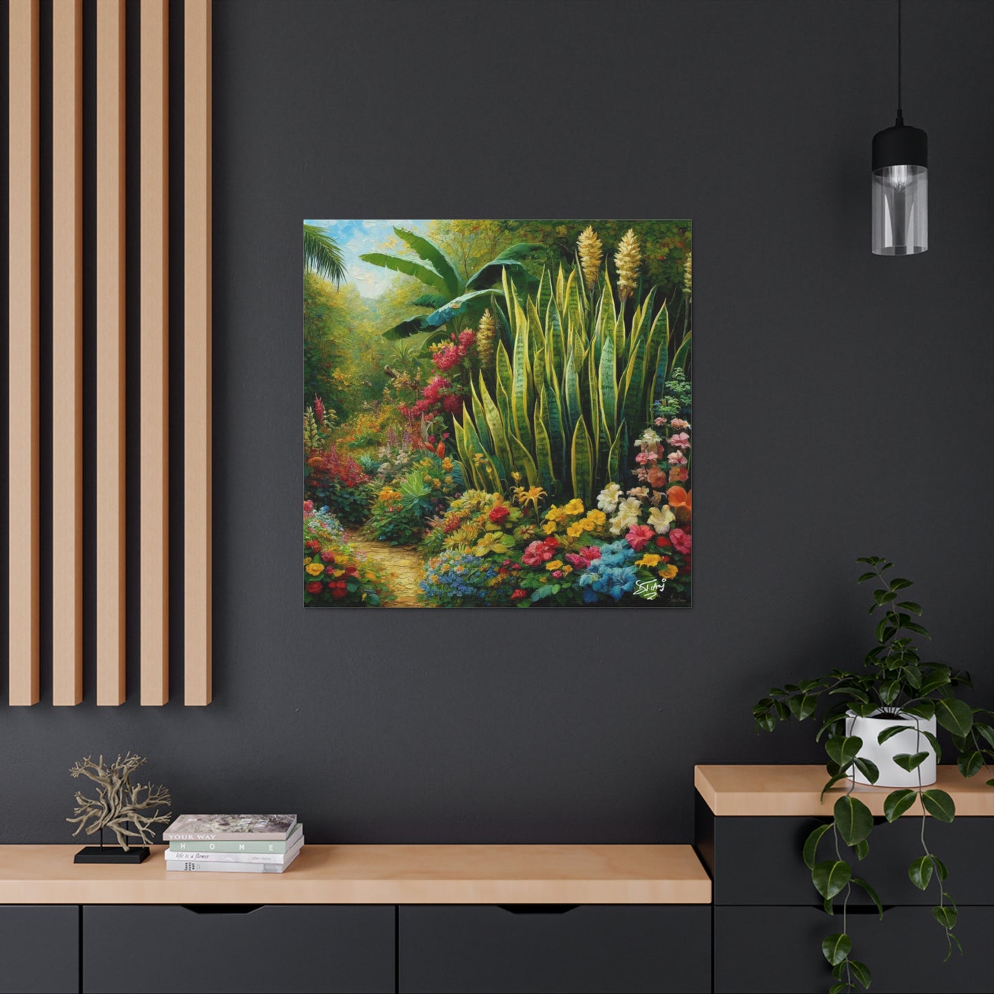 Art Print of Snake Plant in Tropical Flower Garden, Oil Finish, West Indian Art, Canvas Gallery Wraps