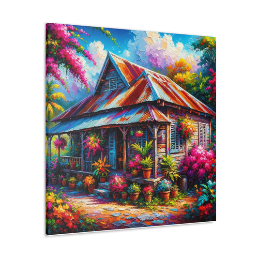 Art Print#2 of Old Rural Home, Trinidad, Oil Finish, West Indian Tradition, Culture, Heritage, Colorful Art, Caribbean, Canvas Gallery Wraps