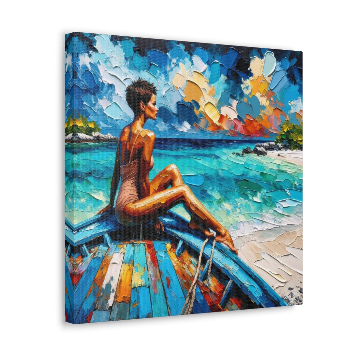 Art Print, Caribbean Woman "Chilling in the Boat" Oil Finish, West Indian Ethnicity, Cultural, Heritage, Semi-Abstract, Canvas Gallery Wrap