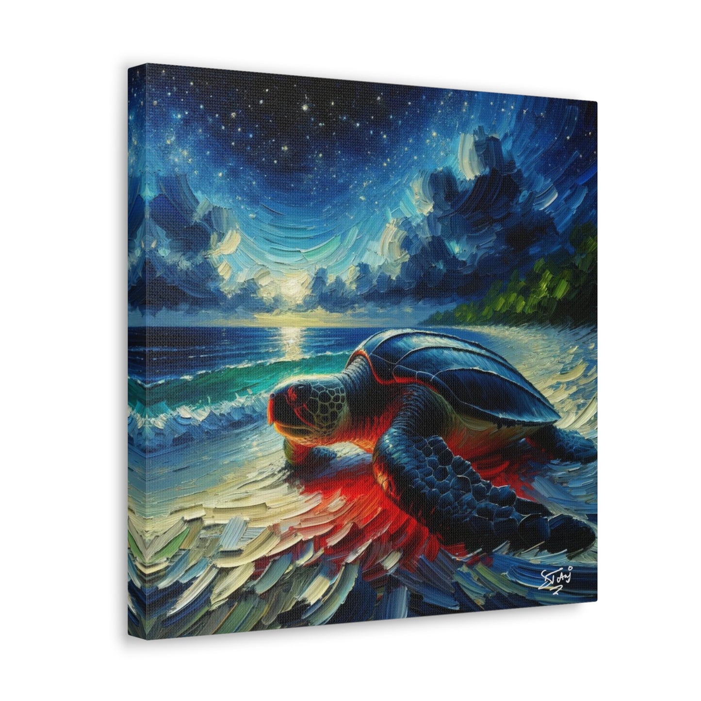 Art Print, Turtle at Night, Caribbean Wildlife, Oil Finish, Caribbean Nature, Culture, Heritage, Canvas Gallery Wrap