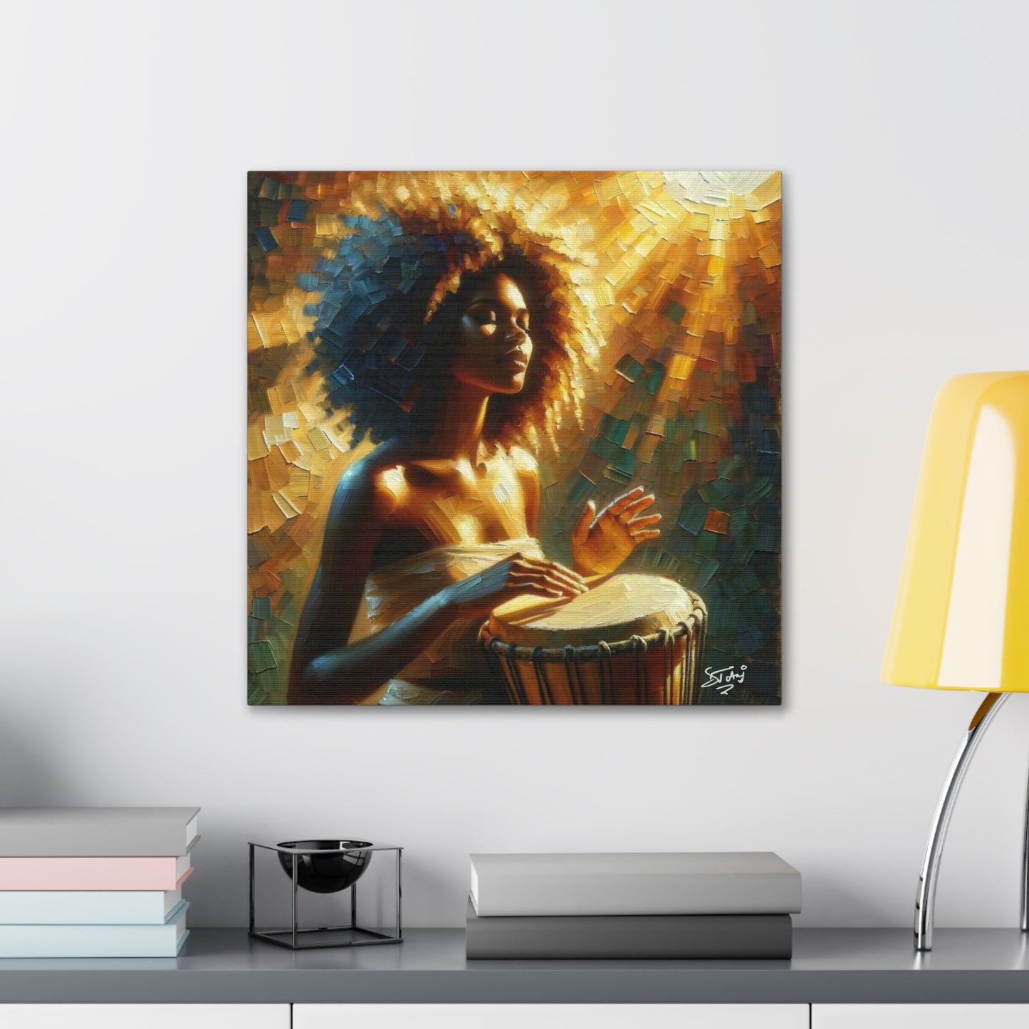 Art Print, Afro-Caribbean Woman, "Drumming" Oil Finish, West Indian Ethnicity, Cultural, Heritage, Abstract, Canvas Gallery Wrap