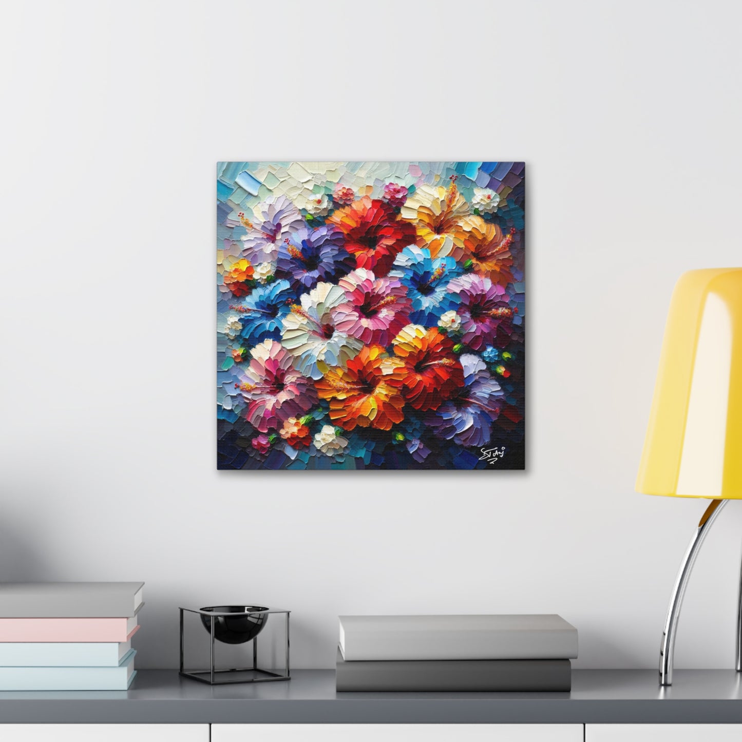 Print of Hibiscus Flower Arrangement, Semi-abstract, Oil Paint finish, Caribbean, Tropical, Canvas Gallery Wraps