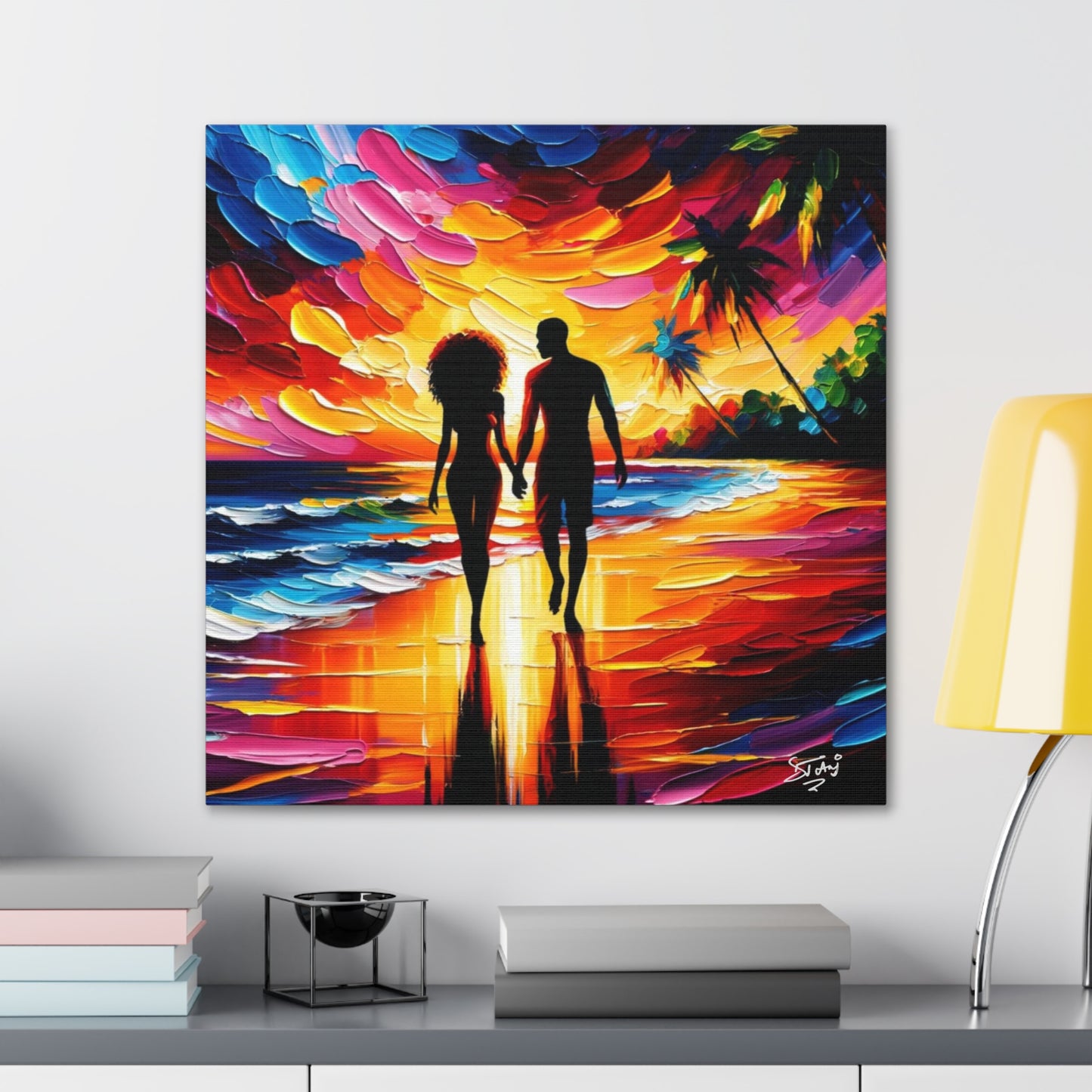 Art Print, Caribbean Couple, "Walking on the Beach" Semi-Abstract Oil Finish, West Indian Ethnicity, Cultural, Heritage, Abstract, Canvas Gallery Wrap