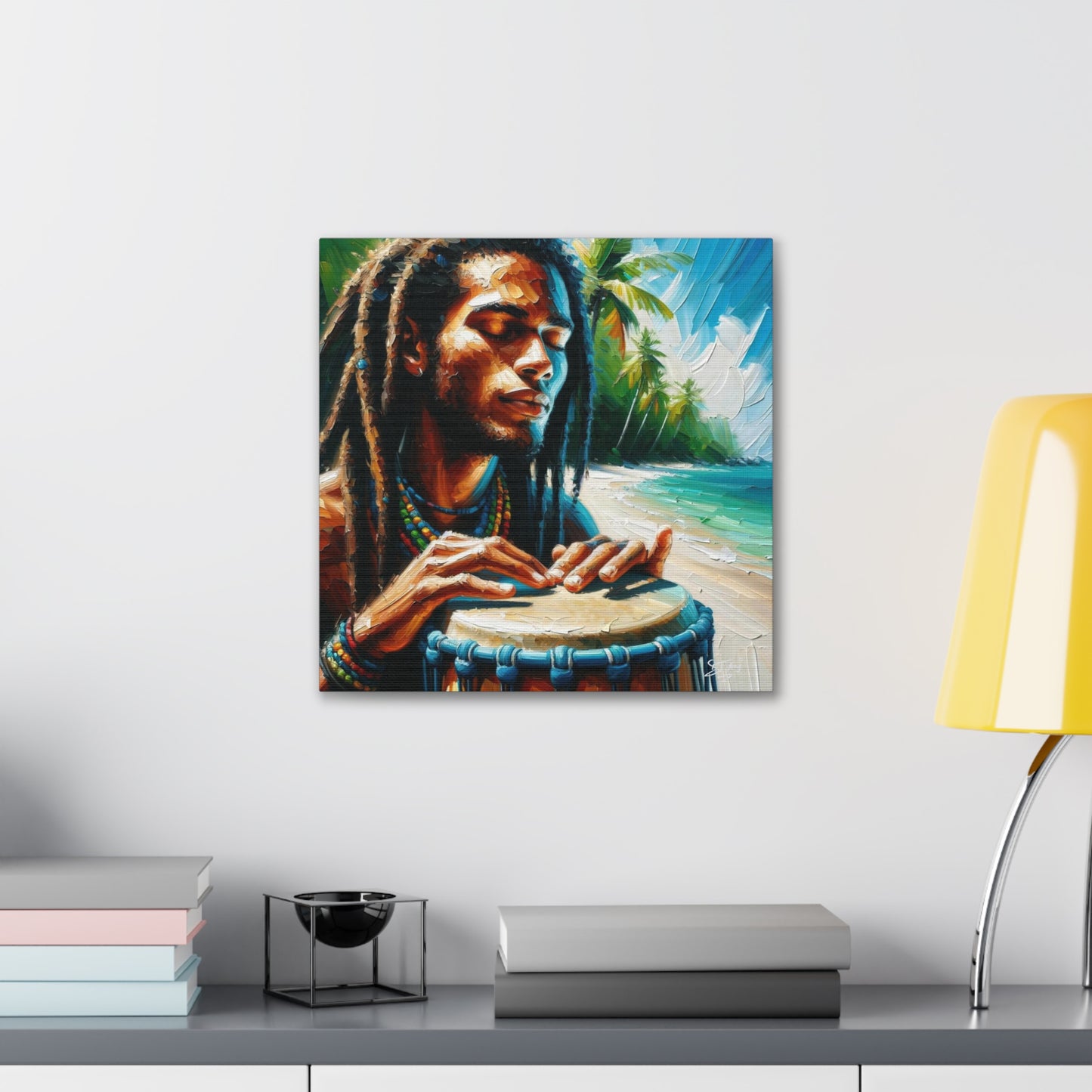 Art Print, Afro-Caribbean Man, "Drumming" Oil Finish, West Indian Ethnicity, Cultural, Heritage, Abstract, Canvas Gallery Wrap