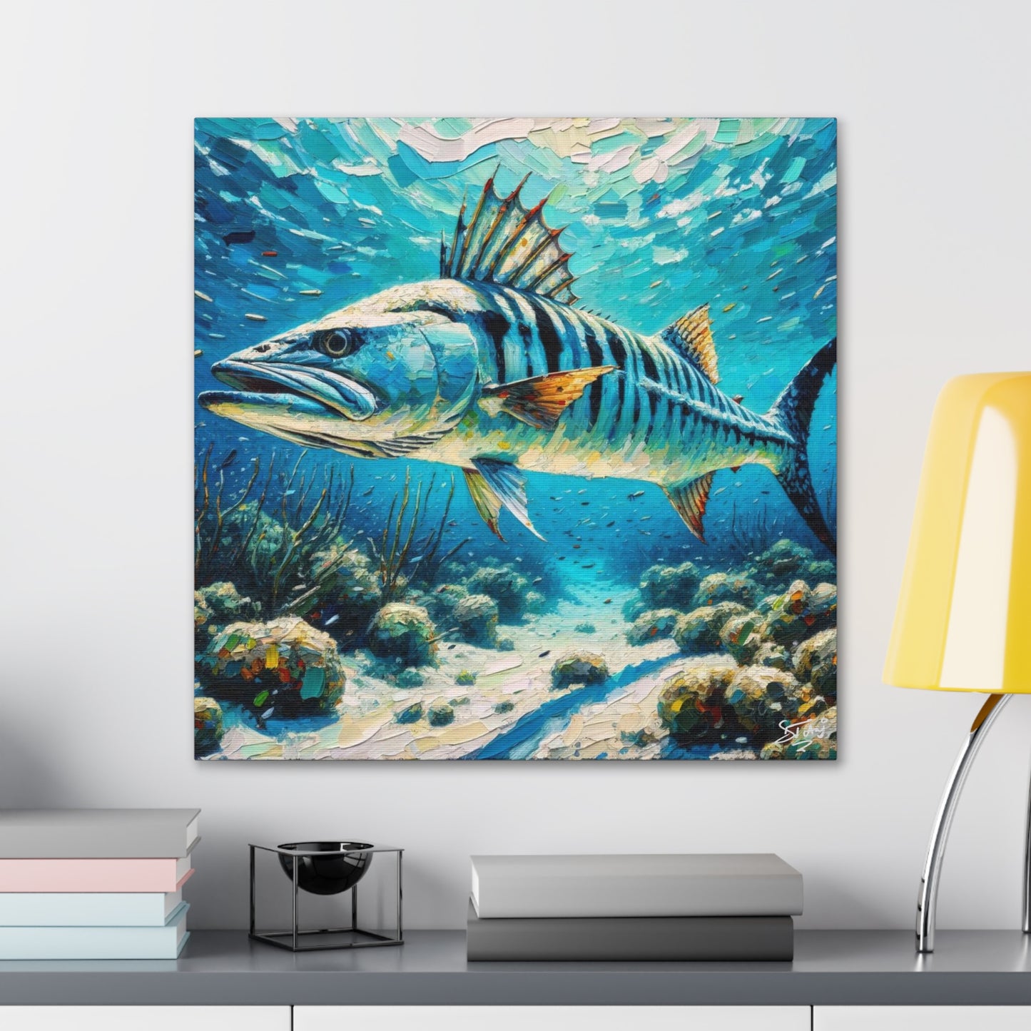 Art Print, Great Barracuda, Oil Finish, Caribbean Nature, Canvas Gallery Wrap