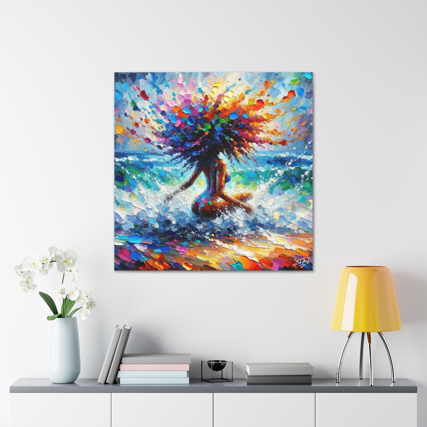 Art Print, Afro-Caribbean Woman, "Splashing Fun" Oil Finish, West Indian Ethnicity, Cultural, Heritage, Abstract, Canvas Gallery Wrap