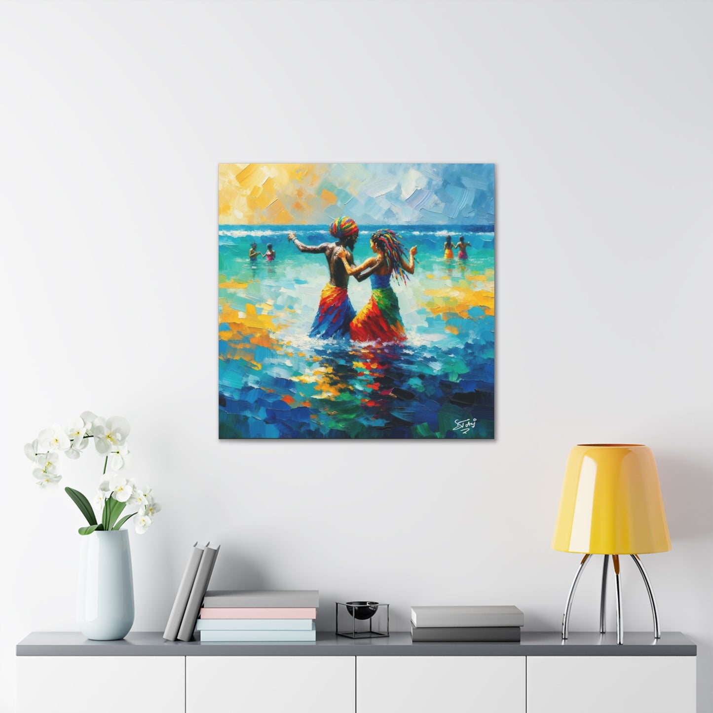 Art Print, Caribbean Couple, "In Our World" Semi-Abstract Oil Finish, West Indian Ethnicity, Cultural, Heritage, Abstract, Canvas Gallery Wrap