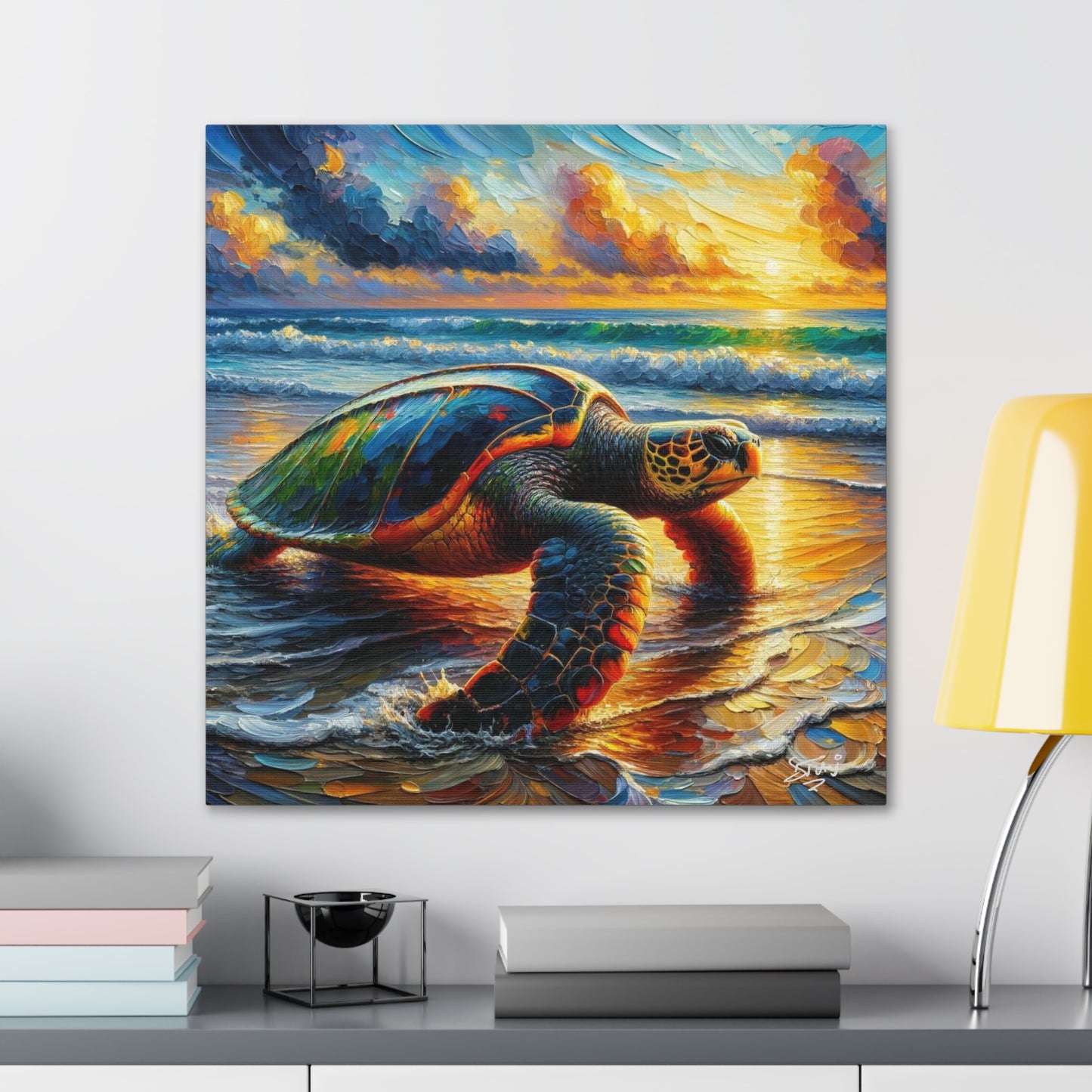 Art Print, Turtle at Sunset, Caribbean Wildlife, Oil Finish, Caribbean Nature, Culture, Heritage, Canvas Gallery Wrap