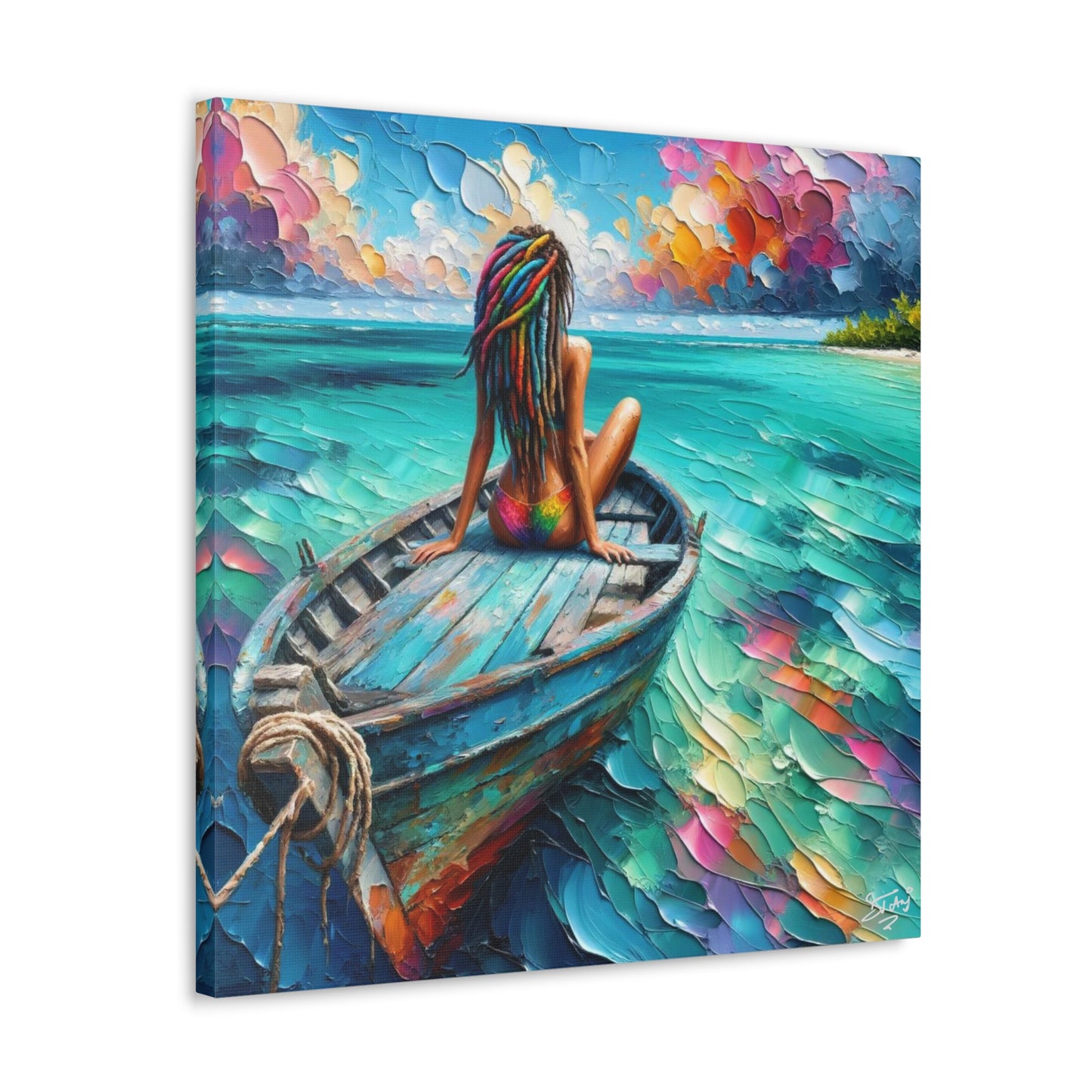 Art Print, Caribbean Woman "Chilling in the Boat" Oil Finish, West Indian Ethnicity, Cultural, Heritage, Semi-Abstract, Canvas Gallery Wrap