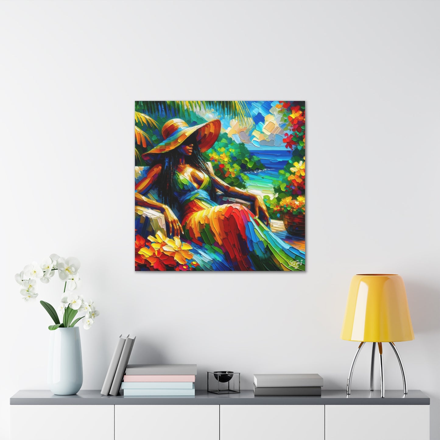 Art Print, Afro-Caribbean Woman, "Relaxing" Oil Finish, West Indian Ethnicity, Cultural, Heritage, Abstract, Canvas Gallery Wrap