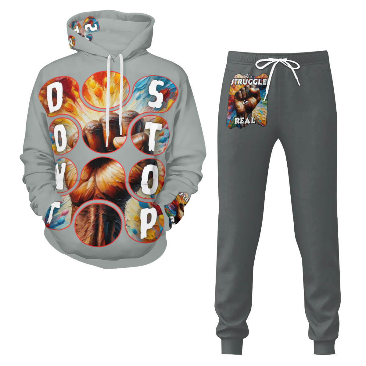 Men's Adult Hoodie Set with Double-Layer Hood "Don't Stop, The Struggle is Real""