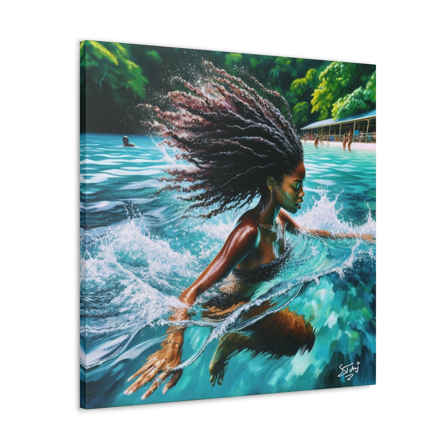 Art Print, Afro-Caribbean Woman, "Sea Bath" Abstract, Oil Finish, West Indian Ethnicity, Cultural, Heritage, Abstract, Canvas Gallery Wrap