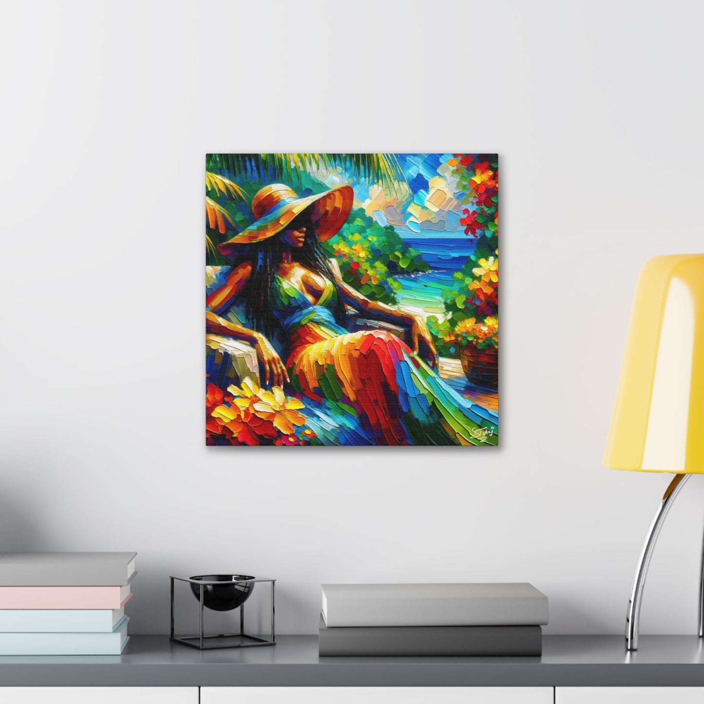 Art Print, Afro-Caribbean Woman, "Relaxing" Oil Finish, West Indian Ethnicity, Cultural, Heritage, Abstract, Canvas Gallery Wrap