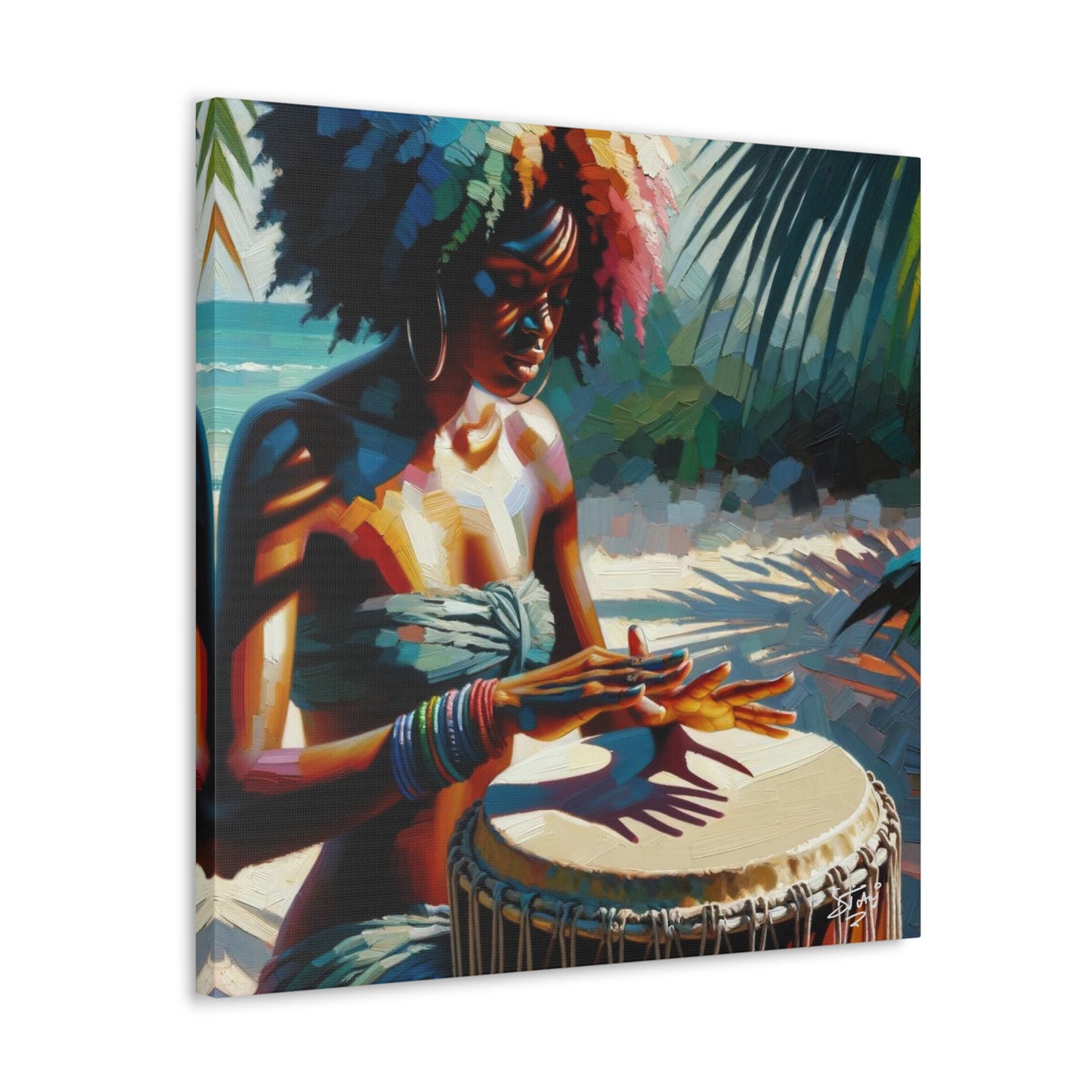 Art Print, Afro-Caribbean Woman, "Drumming" Oil Finish, West Indian Ethnicity, Cultural, Heritage, Abstract, Canvas Gallery Wrap