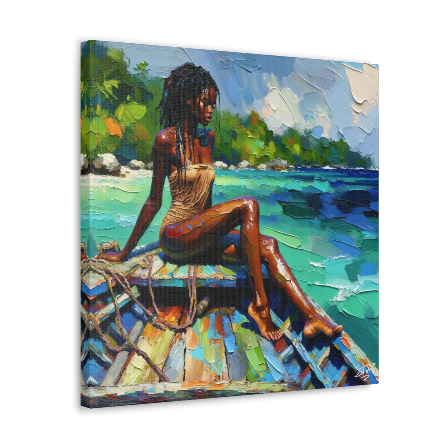 Art Print, Caribbean Woman "Chilling in the Boat" Oil Finish, West Indian Ethnicity, Cultural, Heritage, Semi-Abstract, Canvas Gallery Wrap