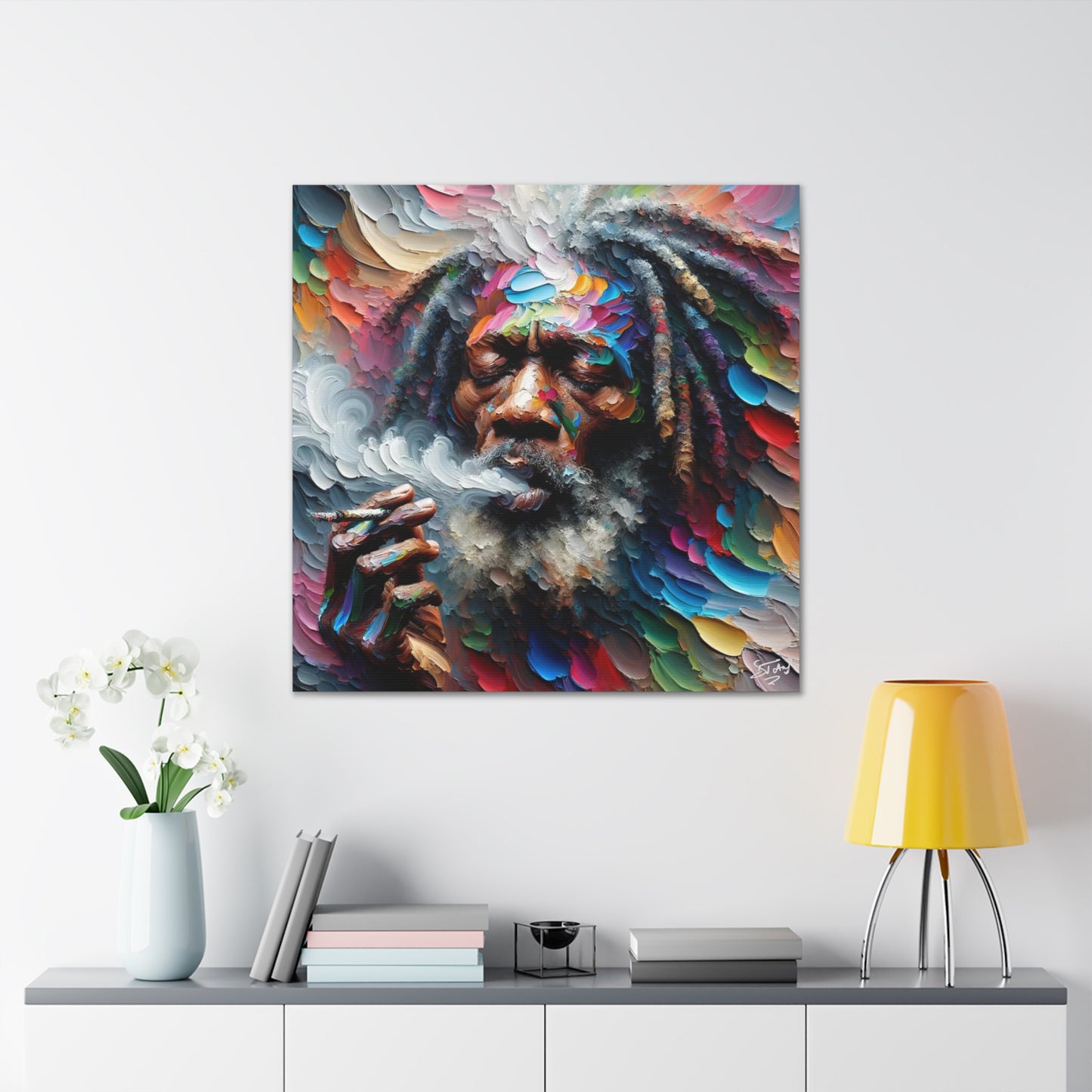 Art Print, "Rastaman Live Up (2)" Oil Finish, West Indian Ethnicity, Cultural, Heritage, Semi-Abstract, Canvas Gallery Wrap