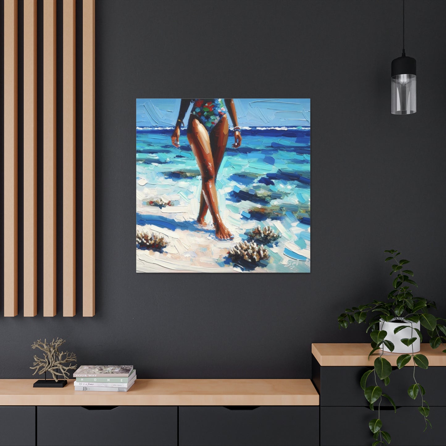 Art Print, Caribbean Woman, "Strolling on the Beach" Oil Finish, West Indian Ethnicity, Cultural, Heritage, Abstract, Canvas Gallery Wrap